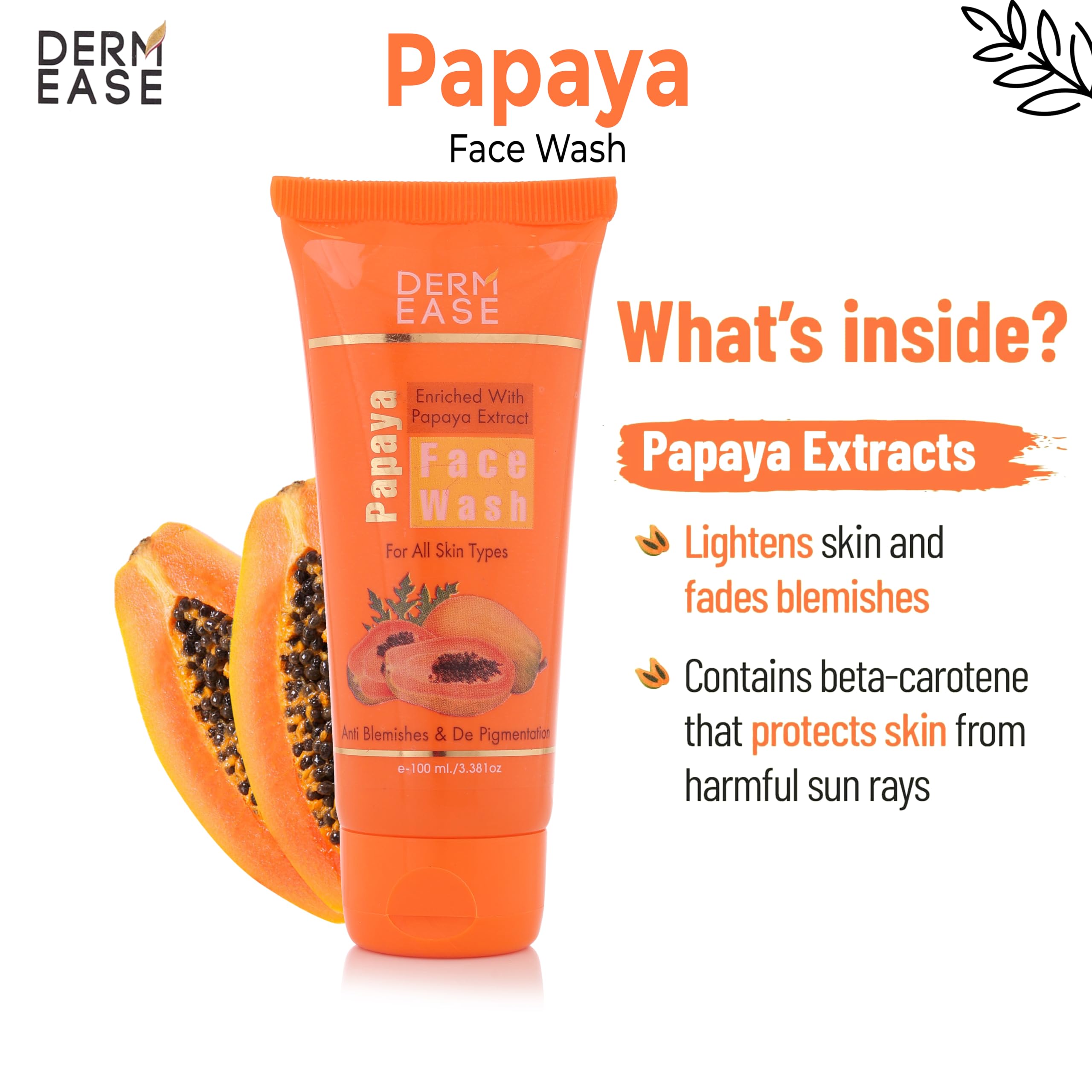 DERM EASE Papaya Face Wash for Acne & Brightening - 100ml Gentle Cleanser for Oily & Sensitive Skin | Daily Skincare Routine, Travel-Friendly Tube