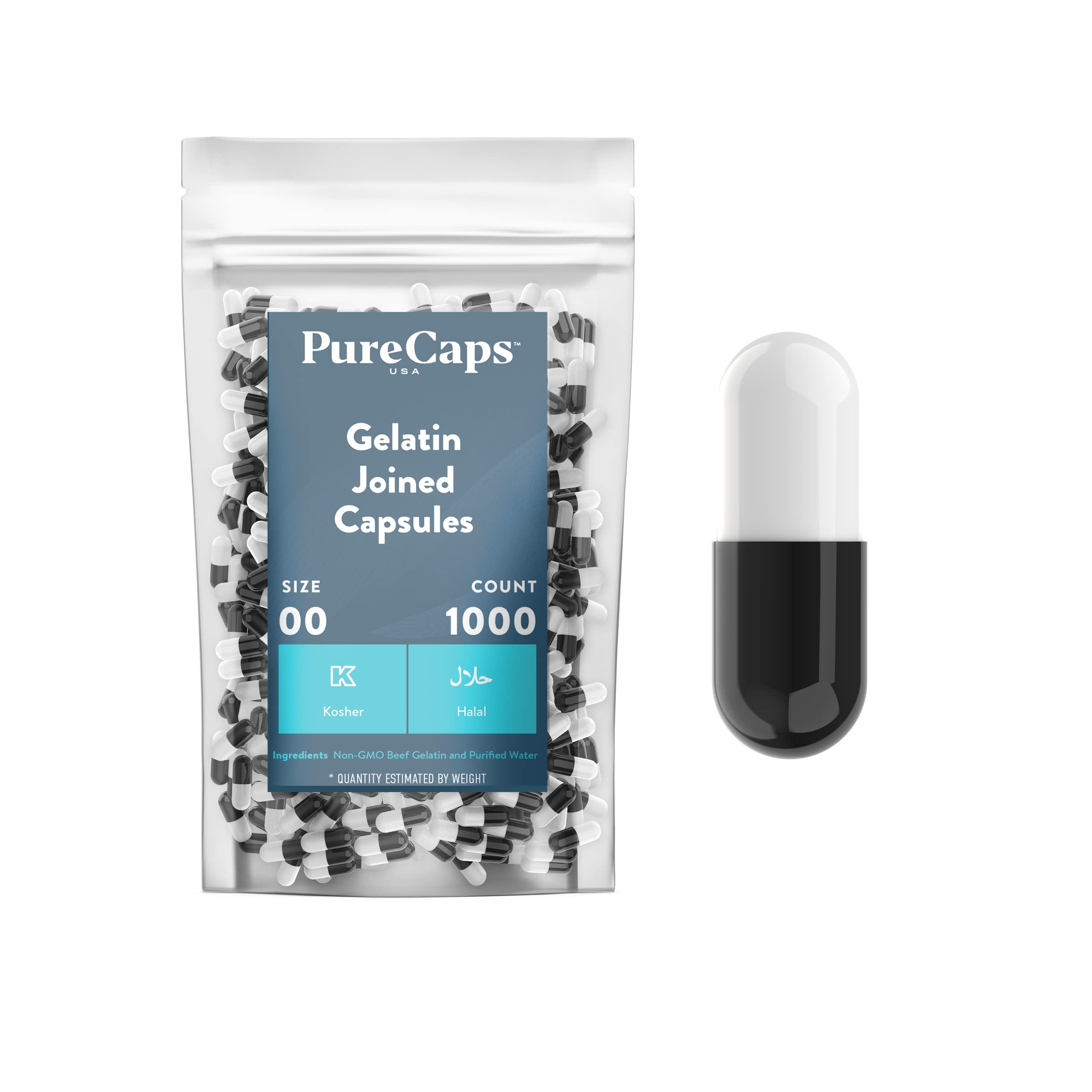 PureCaps USA - 1000 Empty Gelatin Capsules Size 00 (Black/White) | Non-GMO, SLS-Free, Gluten-Free, Preservative-Free | Perfect for DIY Supplements, Herbal Remedies & Vitamin Filling