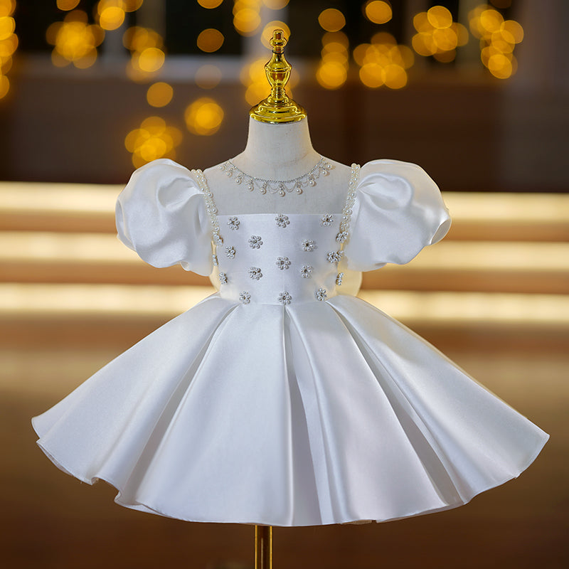 Baby Girl Christening Dress - Toddler Flower Beaded Princess Gown with Puff Sleeves | Elegant Baptism, First Communion & Special Occasion Dress for Girls