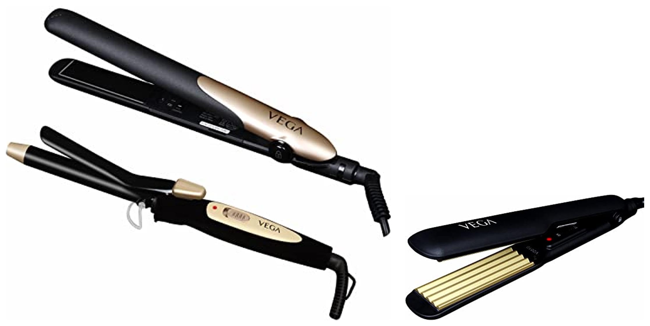 Vega Miss Dazzle Styling Kit - Ceramic Hair Straightener, 19mm Curling Iron & Classic Crimper with Fast Heating - Perfect for Salon-Quality Styling at Home (VHSS-02 & VHCR-01, Black)