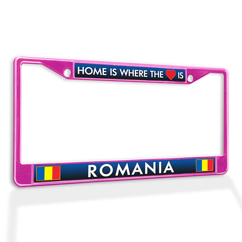 Premium Metal Insert License Plate Frame - Home is Where The Heart Romania - Weatherproof Car Accessories - Hot Pink with 2 Holes Solid Insert - Perfect for Car Enthusiasts & Patriotic Drivers
