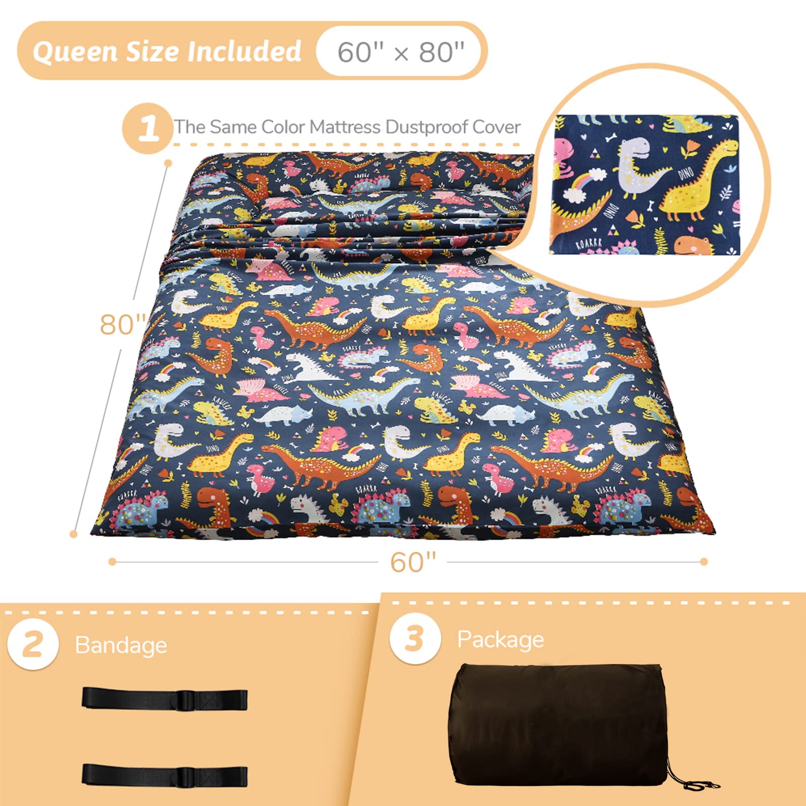 Dinosaur Themed Japanese Floor Futon Mattress for Kids - Thick Tatami Sleeping Pad, Foldable Bed Roll, Floor Lounger for Boys & Girls - Queen Size for Bedroom, Playroom & Sleepovers