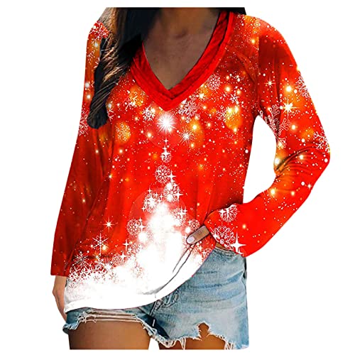 Women's Casual V-Neck Christmas Print Long Sleeve Blouse - Elegant Pullover Top for Holiday Parties & Office Wear (White, Medium)