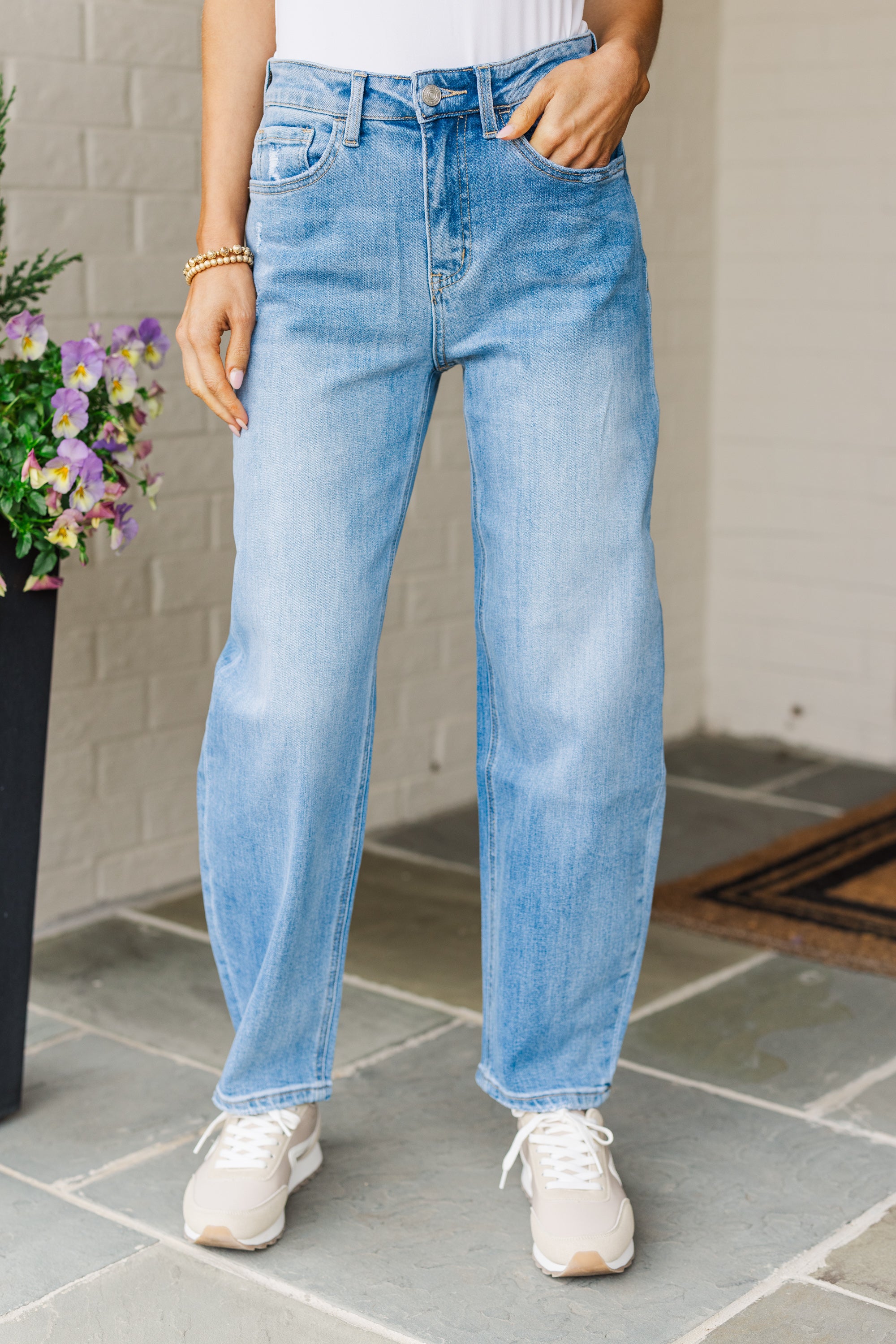 All For It Medium Wash Barrel Leg Jeans for Women - High Waist Comfort Denim Pants for Casual Outfits & Everyday Wear
