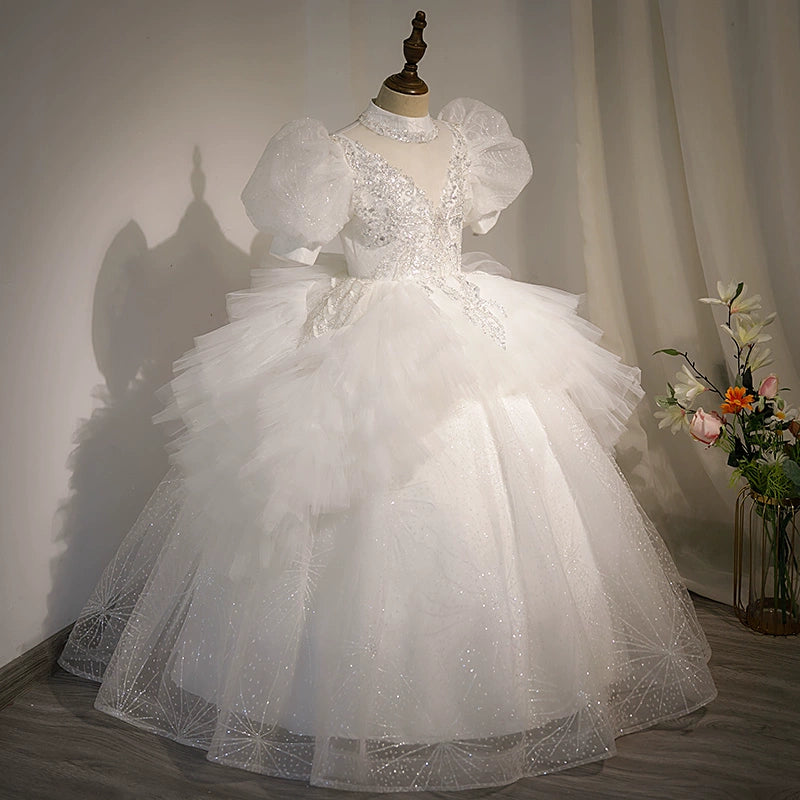 Elegant White Princess Mock Neck Floor-Length Tulle Flower Girl Dress for Weddings & Special Occasions