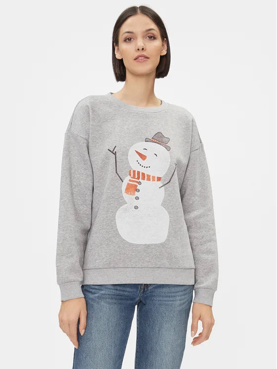Festive Glitter Snowman Christmas Sweater (Grey) - Cozy Holiday Pullover for Xmas Parties & Winter Gatherings