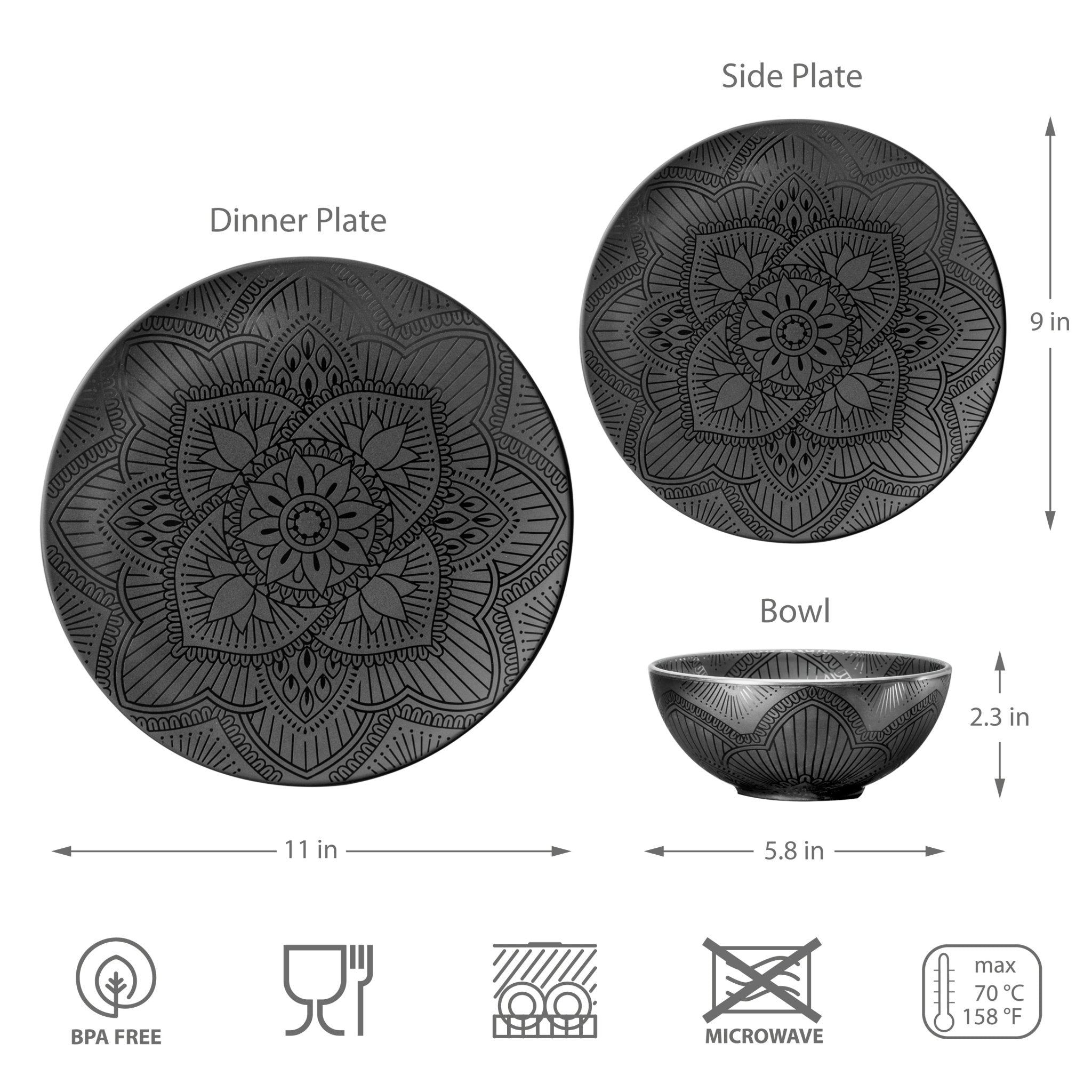 12-Piece La La Mandala Melamine Dinner Plate & Bowl Set - Black - Durable & Stylish for Outdoor Picnics, Camping, and Party Dining