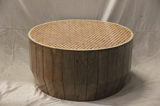 Handmade Bone Inlay Carved Round Coffee Table - Honeycomb Pattern 35.4''x35.4''x17.7'' - Boho Chic Living Room Furniture for Home Decor & Lounge