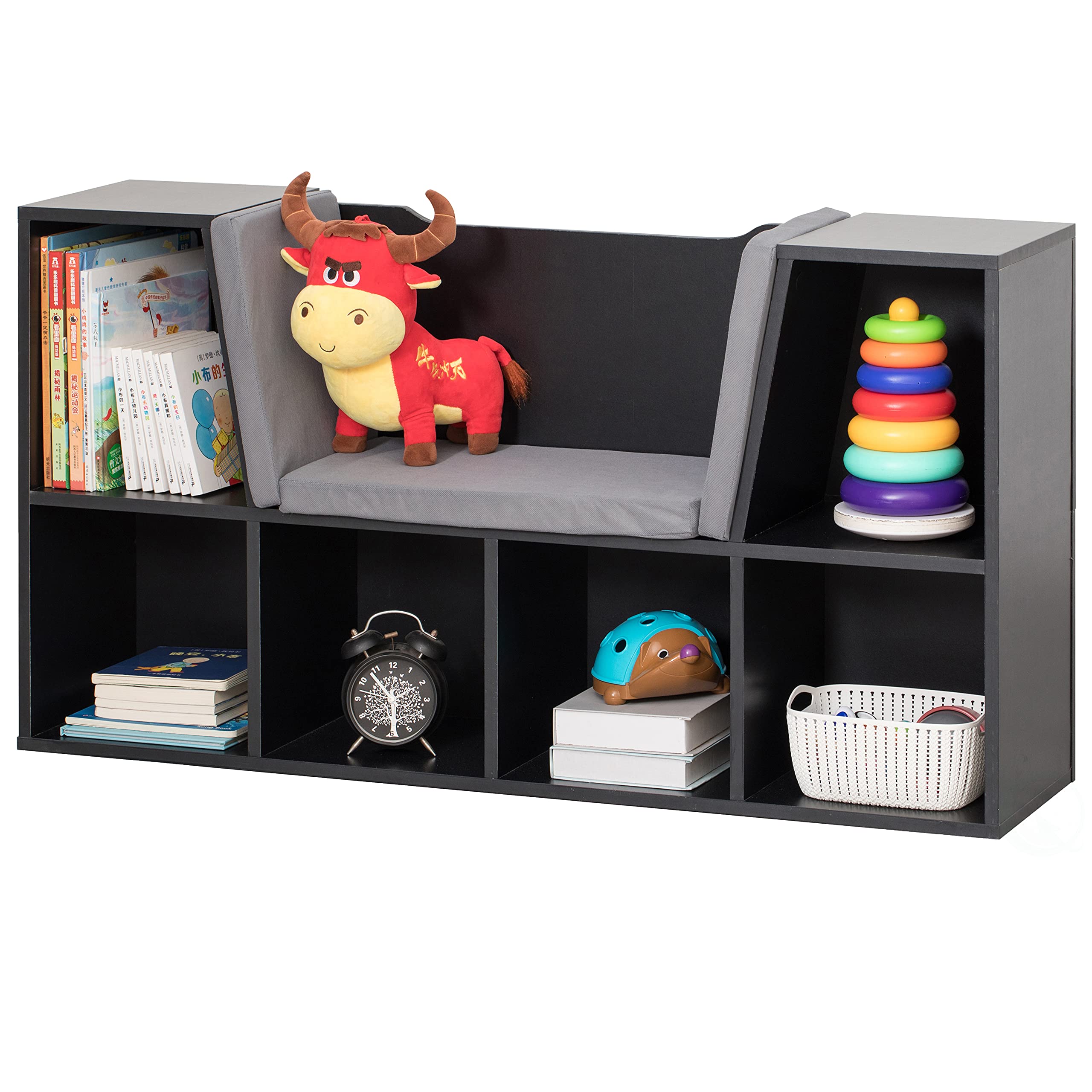 Modern Black Bookshelf with Storage & Gray Cushioned Reading Nook - Multi-Purpose Organizer for Home Office, Living Room & Bedroom - Perfect for Books, Decor & Cozy Reading Space