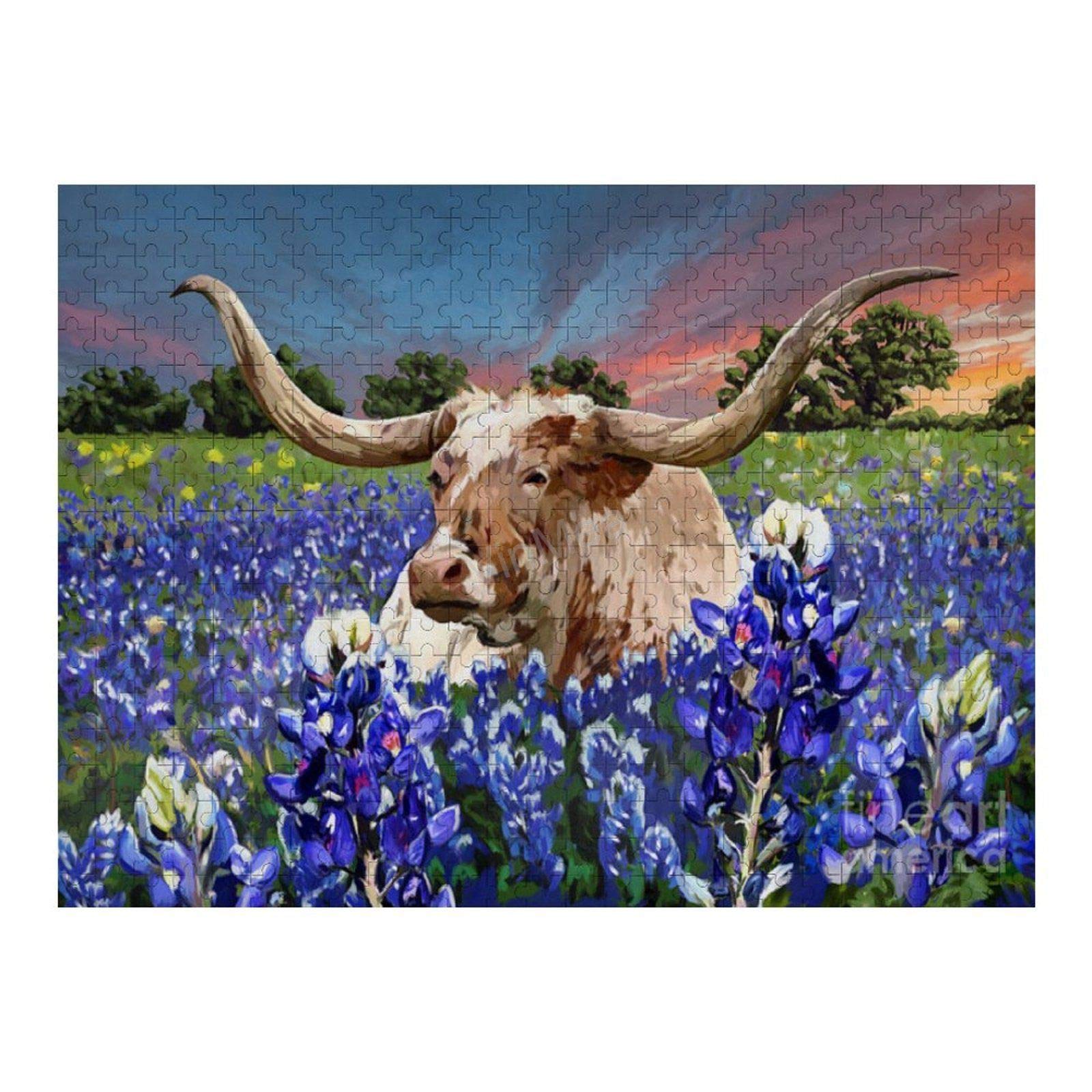 500-Piece Jigsaw Puzzle - Longhorn in Bluebonnets Landscape - Challenging Puzzle Game for Adults & Kids - Perfect for Family Game Night & Stress Relief