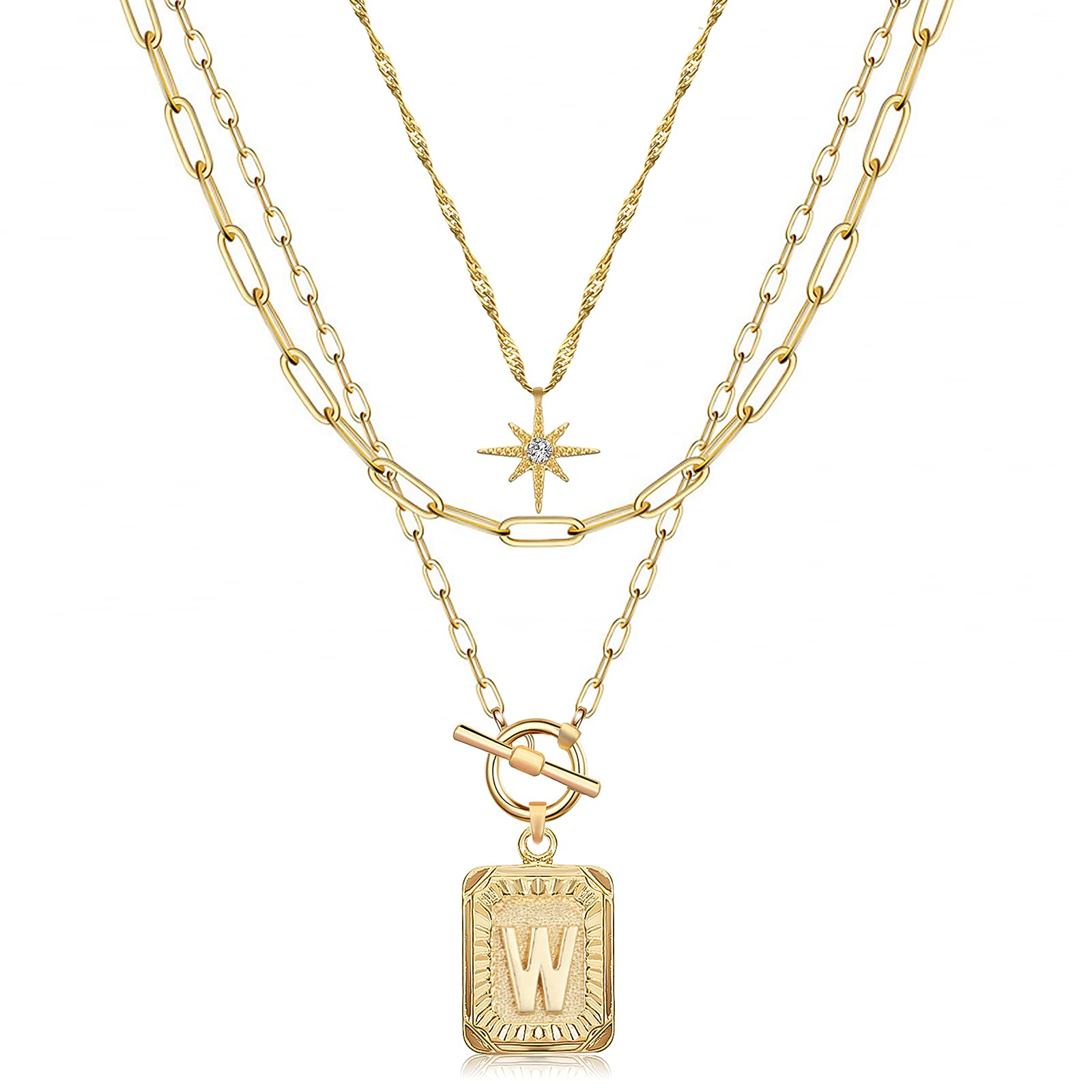 MJartoria 14K Gold Plated Layered Initial Necklace for Women - Trendy Star Choker with Square Letter Pendant & Paperclip Chain - Elegant Gold Necklace Jewelry Gift for Her - Perfect for Everyday Wear, Date Nights & Special Occasions