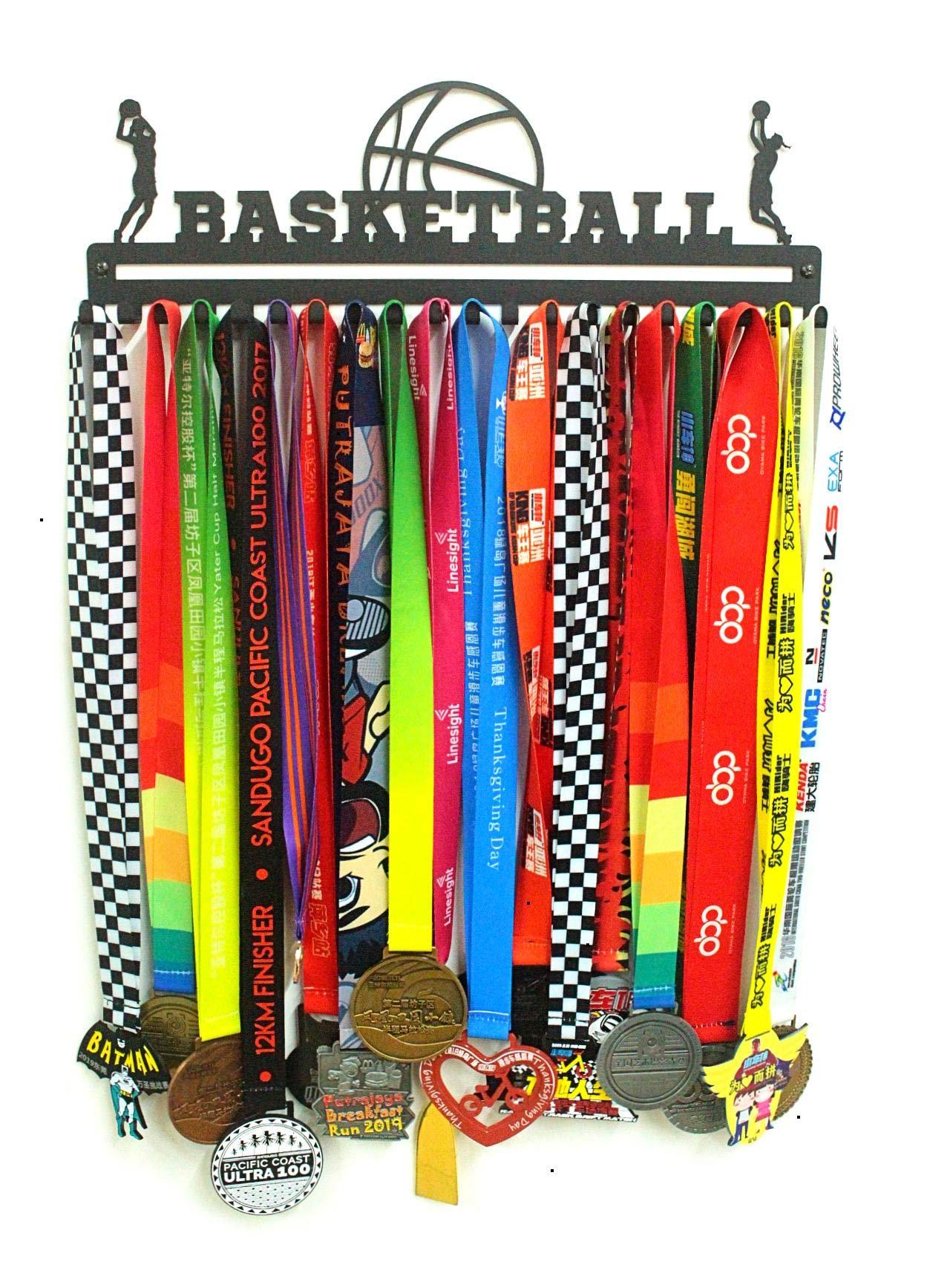 Metal Wall Mount Medal Holder & Floating Shelves - 20 Hooks for Basketball, Sports Lanyards, Ribbons - Easy Install Display Rack - Perfect Gift for Athletes, Kids & Adults (Black) - Ideal for Trophy Rooms, Bedroom Decor & Sports Awards Ceremonies