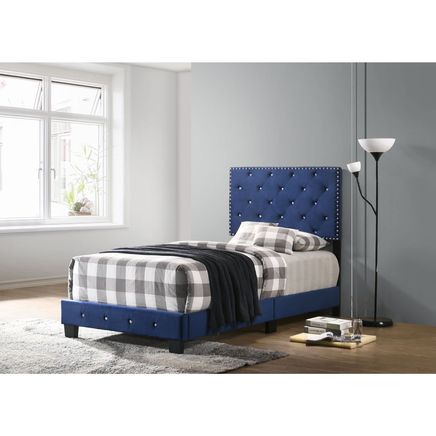 Modern Navy Blue Twin Panel Bed - Stylish Indoor Bedroom Furniture for Small Spaces | Perfect for Kids' Rooms, Guest Bedrooms & Studio Apartments