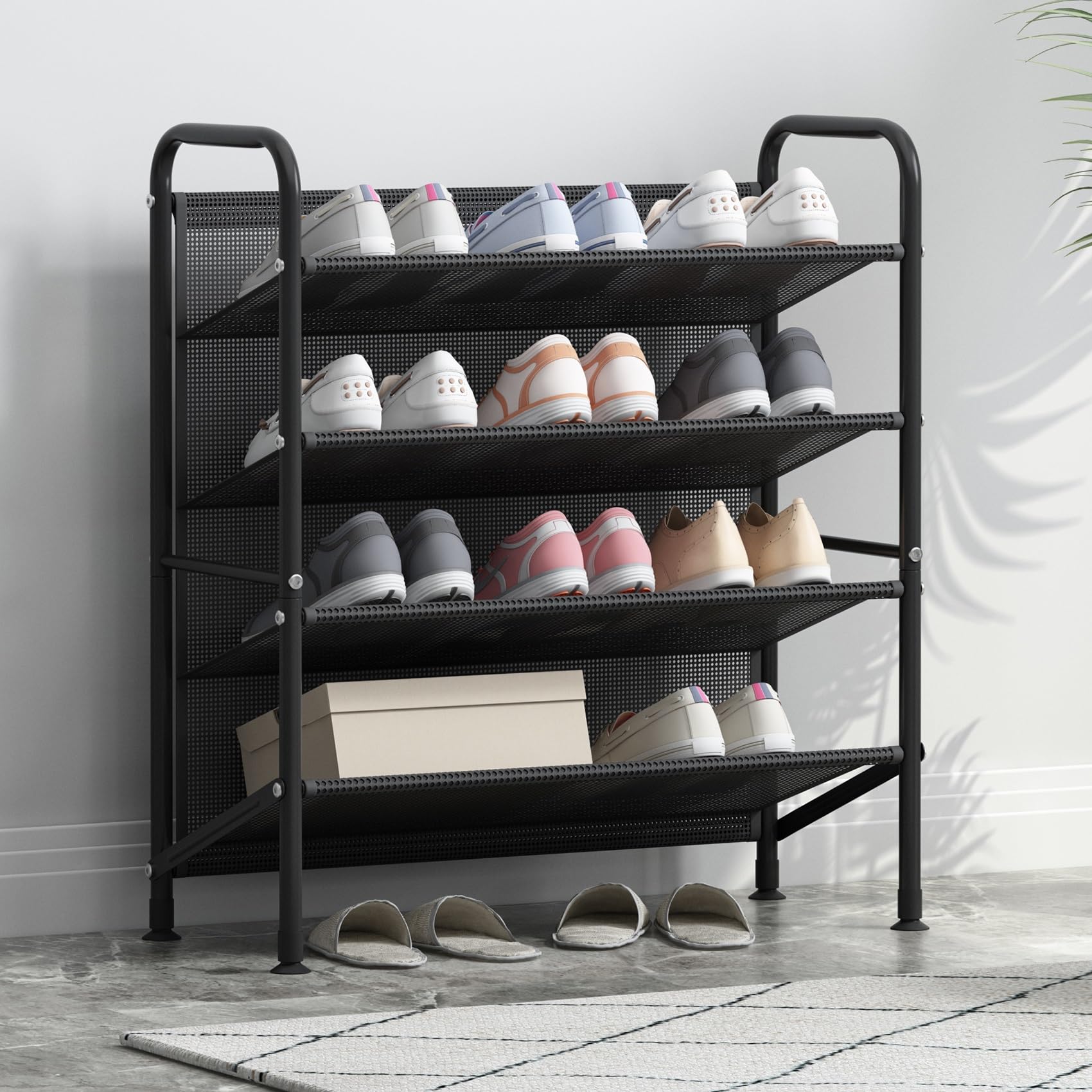 4-Tier Metal Shoe Rack Organizer - Space Saving Narrow Shoe Storage Shelf for Closet, Entryway, Hallway & Dorm Room - Durable Mesh Fabric Design (Black) - Perfect for Small Spaces & Apartment Living