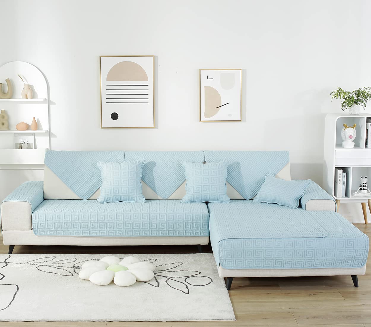 Geometric Embroidery Cotton Sofa Cover - Non-Slip Quilted Sectional Couch Protector - Farmhouse Style Solid Blue Sofa Slipcover (36