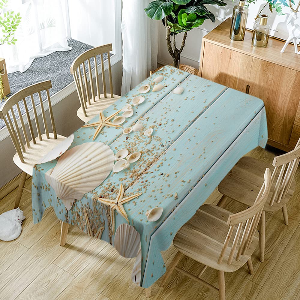 WONDERTIFY 60x104 Inch Nautical Blue Seashell Tablecloth - Wrinkle Free, Anti-Fading, Dust-Proof & Washable Wooden Background Table Cover for Beach Party, Coastal Dining Room & Ocean-Themed Decor
