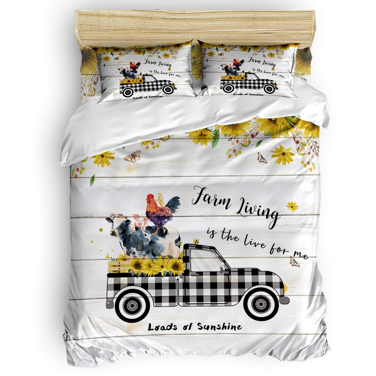 Seven Roses 4-Piece Farm Animal Plaid Quilt Set - Cow Chicken Pig Design with Ultra Soft Sheets & Pillowcases - Queen Size Rustic Sunflower & Woodgrain Bedding for Country Farmhouse Decor | Perfect for Guest Rooms, Kids' Bedrooms & Cozy Farmhouse Style