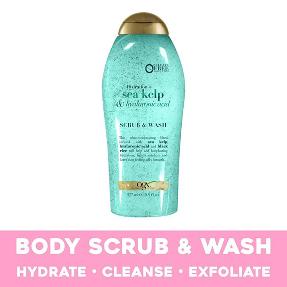 OGX Hydration + Sea Kelp & Hyaluronic Acid Sulfate-Free Body Scrub with Black Rice - Gentle Exfoliating Body Wash to Soften & Smooth Skin - 19.5 Fl Oz (Pack of 3) - Perfect for Daily Shower Routine & Spa-Like Skin Care at Home