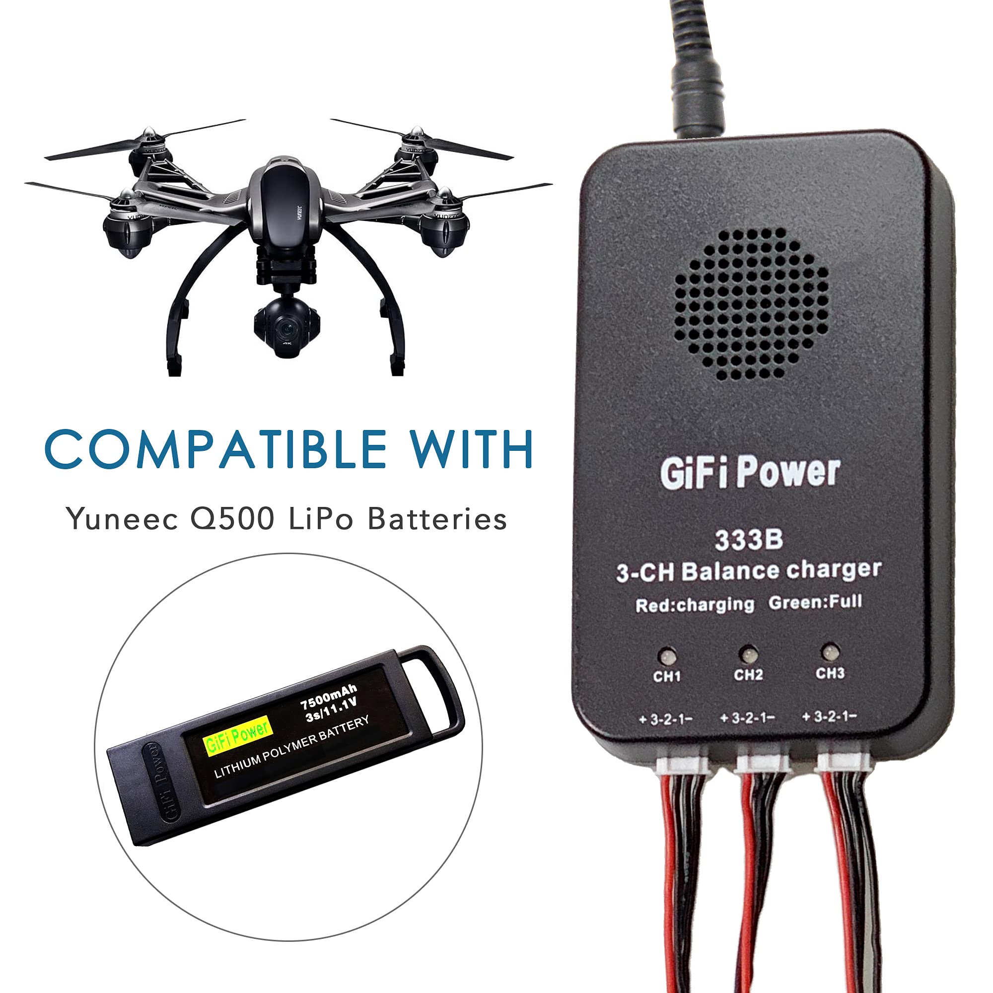 MaximalPower 3-in-1 LiPo Battery Balance Charger for Yuneec Q500 Drone - Fast Simultaneous Charging with Plug-and-Play Function (Includes Charger & 3X 7500mAh Batteries) | Perfect for Aerial Photography, Drone Racing, and Professional UAV Operations