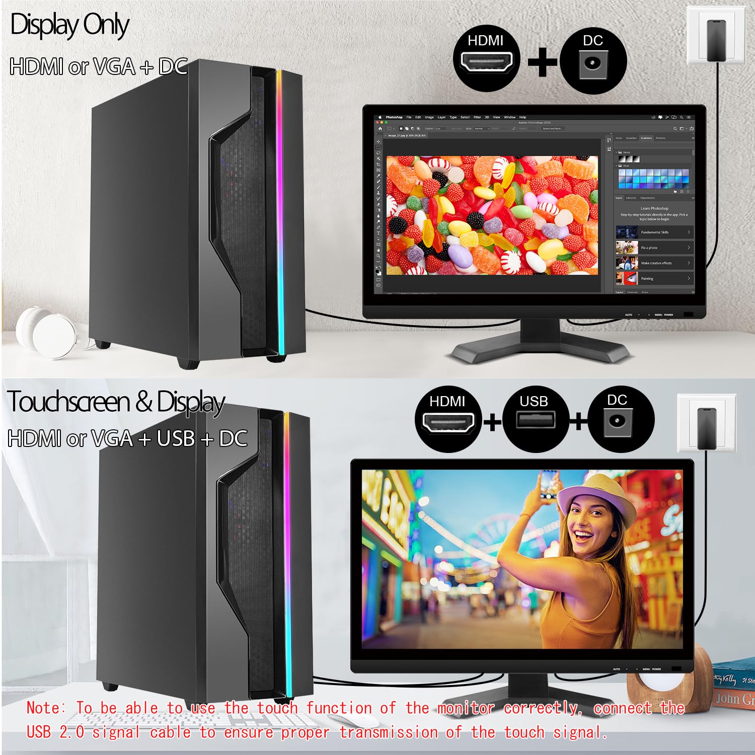 21.5 Inch Full HD Touchscreen Monitor - 1920x1080P Resolution, 10-Point Multi-Touch, HDMI/VGA/USB Ports, Built-in Speakers - Ideal for Digital Signage, Interactive Kiosks, and Creative Design Workstations