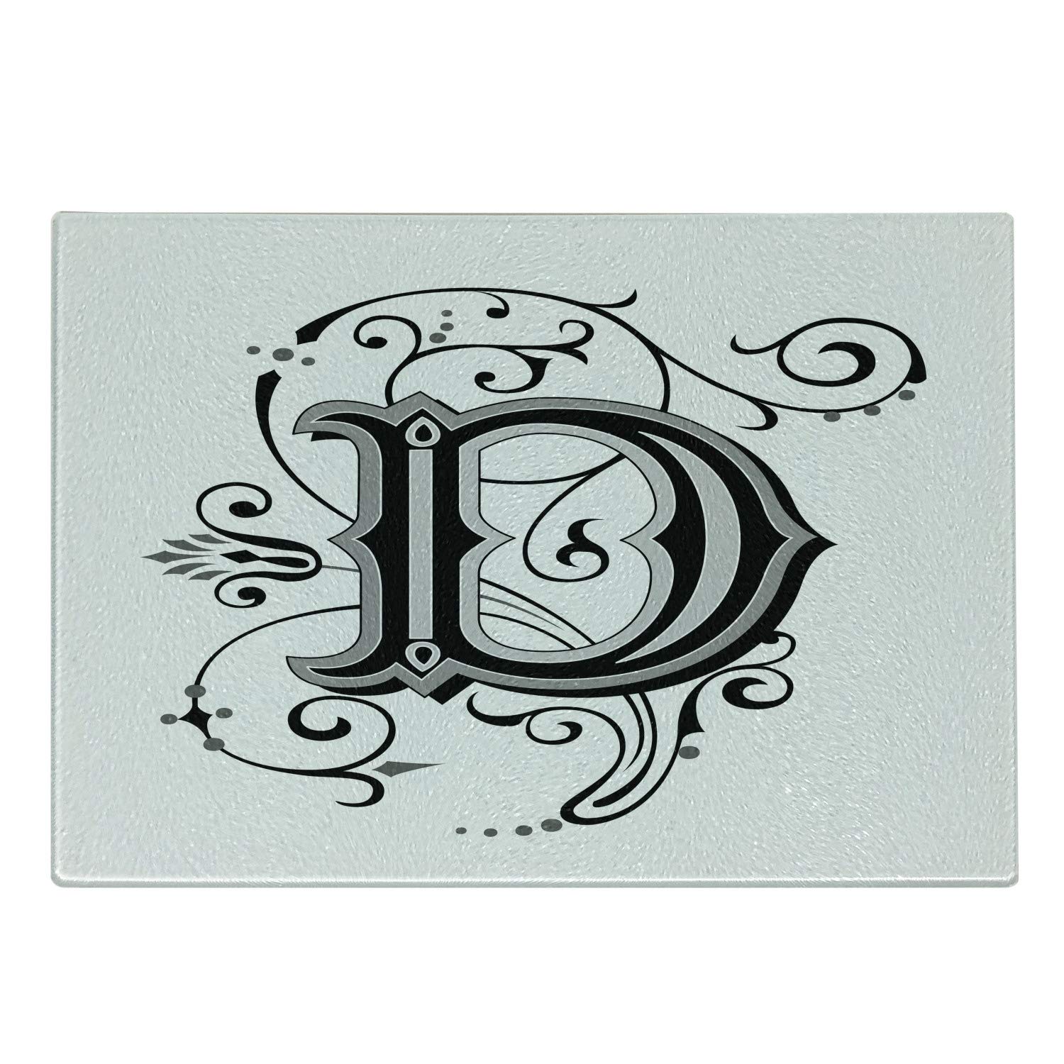 Ambesonne Medieval Letter D Cutting Board - Decorative Tempered Glass Serving Board with Scroll Design | Small Size Black Grey White | Perfect for Cheese Platters, Charcuterie & Kitchen Decor