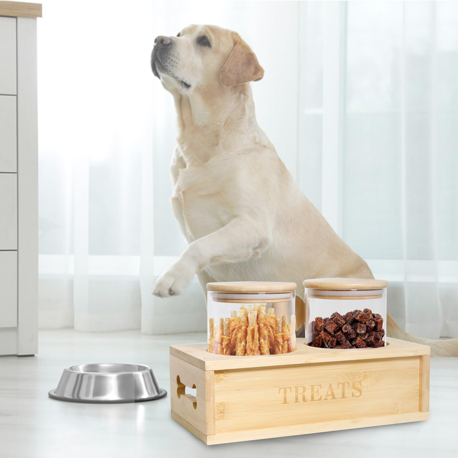 2-Pack 37oz Airtight Pet Treat Storage Containers with Wooden Holder - Dog & Cat Food Jars with Scoop - Perfect for Kitchen Counter, Pantry Organization, and Fresh Treat Preservation