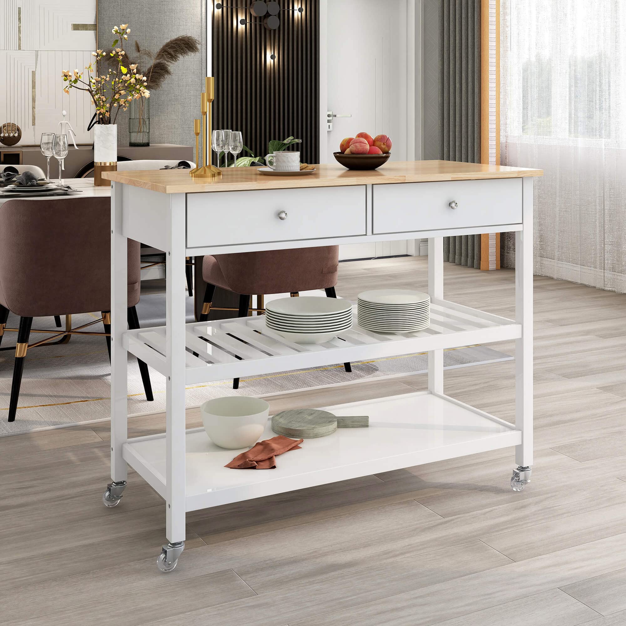 Sturdy 3-Tier Kitchen Cart with 2 Drawers & Locking Wheels - 43