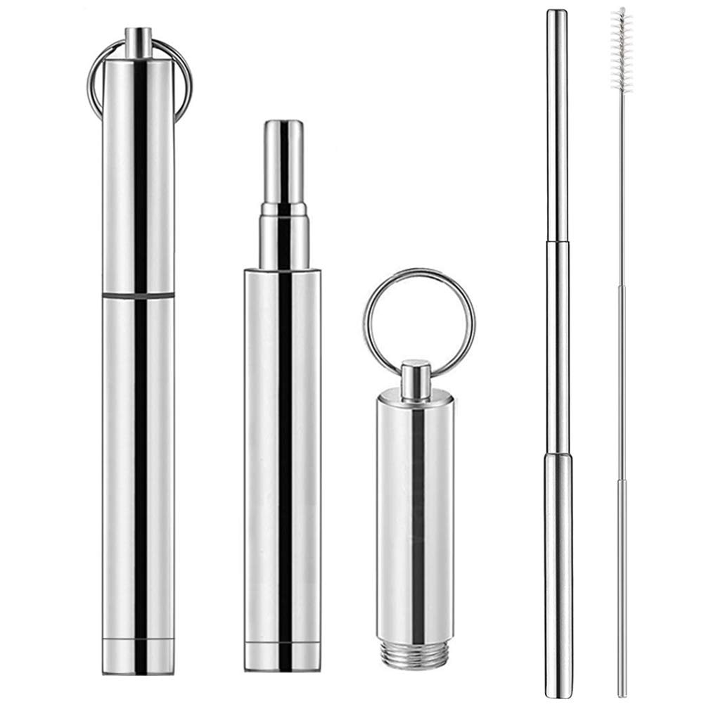 Collapsible Metal Straws - Reusable Stainless Steel Drinking Straws with Case & Cleaning Brush | Portable Telescopic Straw for Travel, Camping, Office & Home Use (Silver)