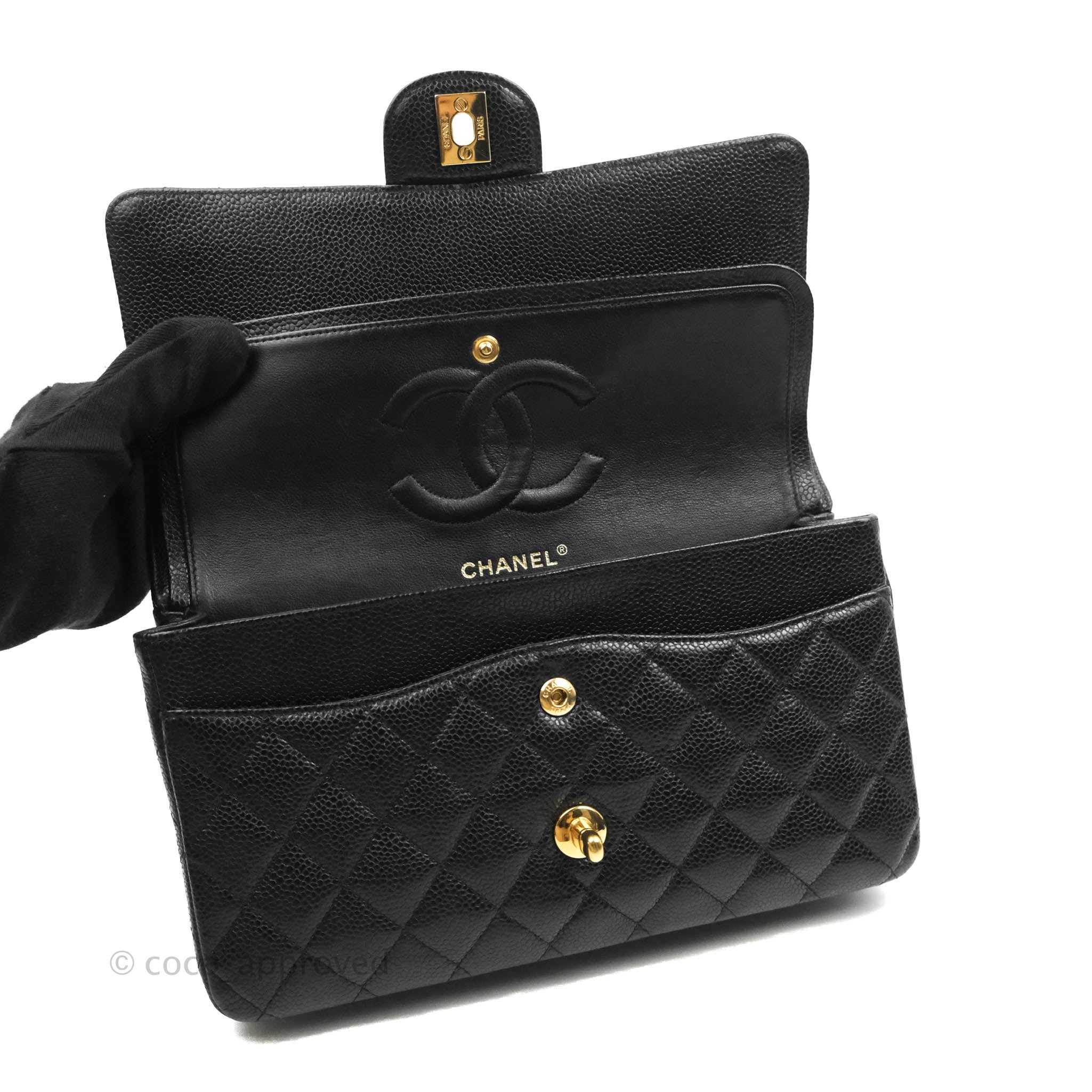 Chanel Classic M/L Medium Double Flap Bag in Black Caviar Leather with 24K Gold Hardware - Perfect for Luxury Fashion & Evening Events