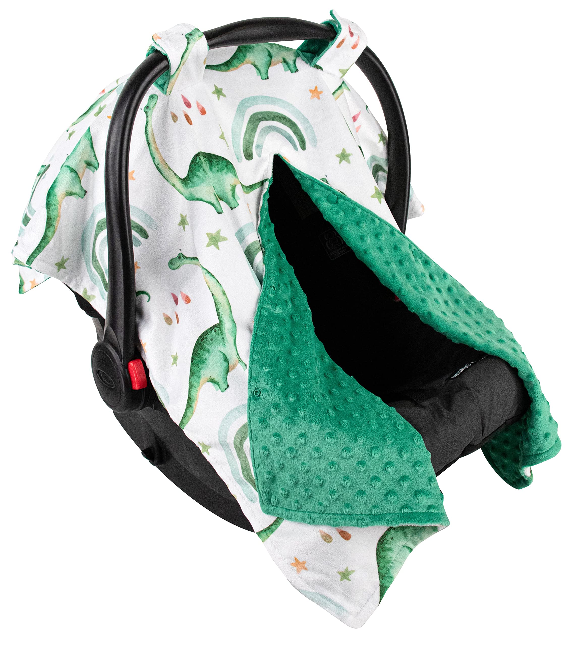 Top Tots Deluxe Minky Baby Car Seat Cover - Longneck Dinosaur Design, 40 x 29 Inch Green | Soft & Cozy Infant Car Seat Protector for Strollers & Shopping Carts | Perfect Gift for Newborns & Baby Showers