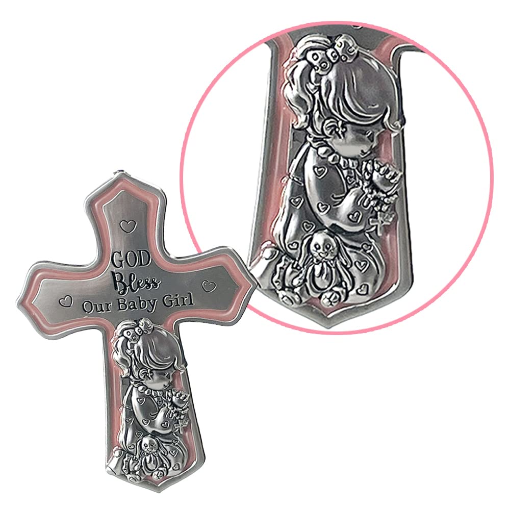 Ornate Crib Cross Decor with Ribbon for Baby Girl - Baptism, Christening & Baby Shower Gift - 'God Bless Our Baby Girl' - Perfect for Nursery Decor & Religious Celebrations