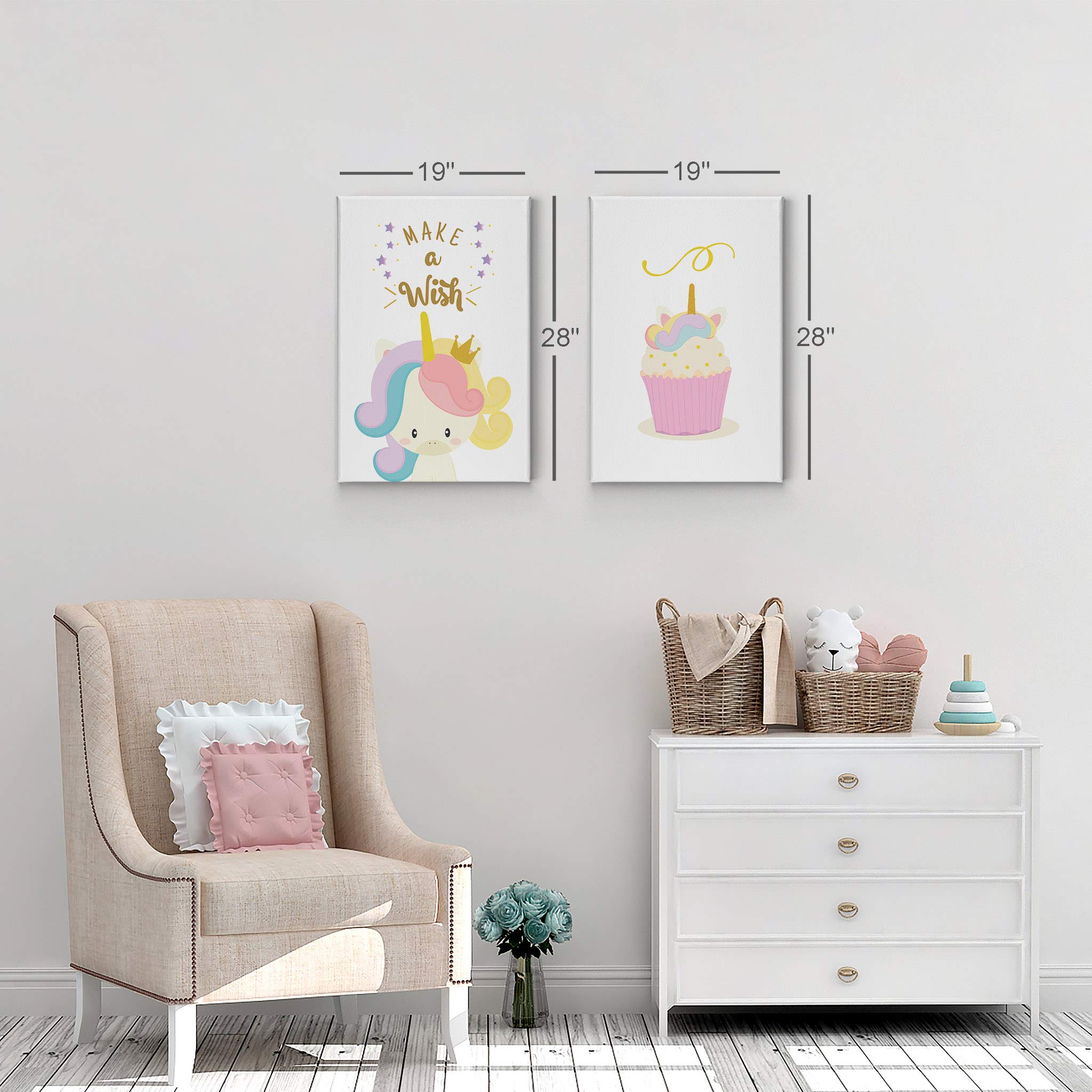 Smile Art Design Cupcake and Unicorn Wall Decor Canvas Print Set - 2 Panels (36x24 inches Each) - Inspirational Make a Wish Quote - Perfect for Kids Room, Nursery, Baby Room Decor - Ready to Hang Wall Art - Made in USA - Ideal for Birthday Parties, Baby Showers & Unicorn Themed Bedrooms