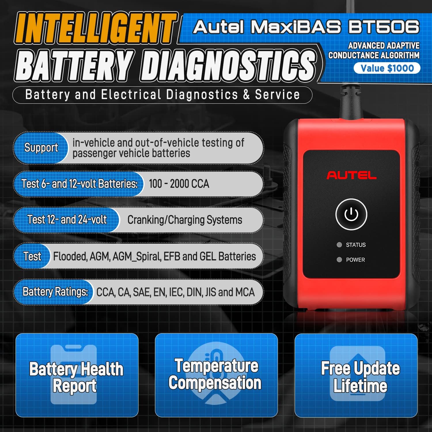 Autel MaxiBAS BT506 6V/12V/24V Battery & Alternator Tester - 100-2000 CCA Load Test, Adaptive Conductance Technology for Higher Accuracy | Automotive Charging System Diagnostic Tool for Cars, Trucks, SUVs | Perfect for Mechanics & DIY Car Maintenance