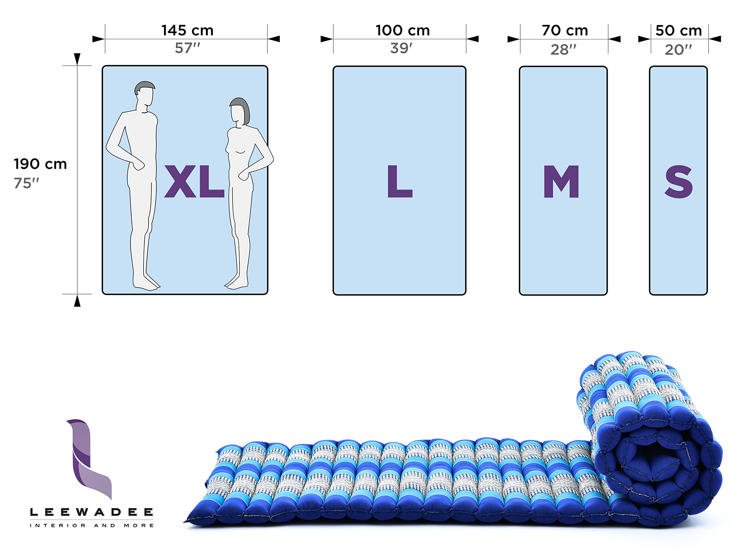Leewadee Foldable Floor Mattress - Japanese Roll Up Futon & Trifold Tatami Mat - Guest Floor Bed & Camping Mattress - Kapok Filled Thai Massage Mat 75
