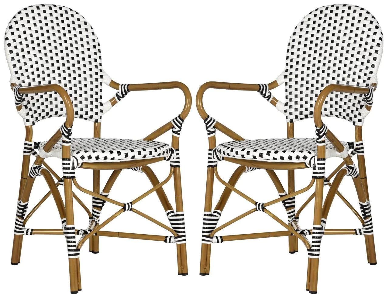 Black and White Stacking Bistro Armchair - Lightweight Outdoor Dining Chairs for Patio, Cafe, Restaurant & Garden - Stackable Metal Frame with Comfortable Seat