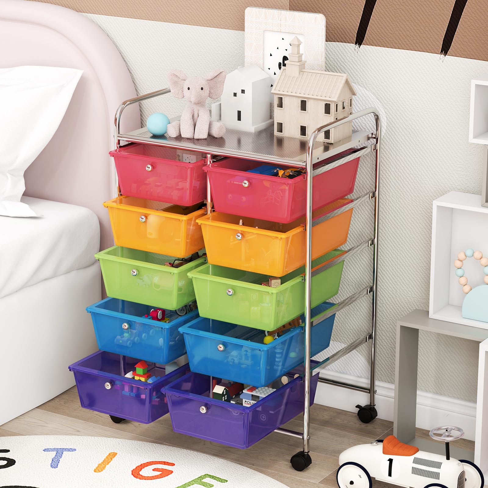 GOFLAME 10-Drawer Rolling Storage Cart - Mobile Craft Organizer with Wheels for Art Supplies, School, Office & Home Use - Rainbow Color Multipurpose Utility Cart for Classroom, Craft Room & Office Organization