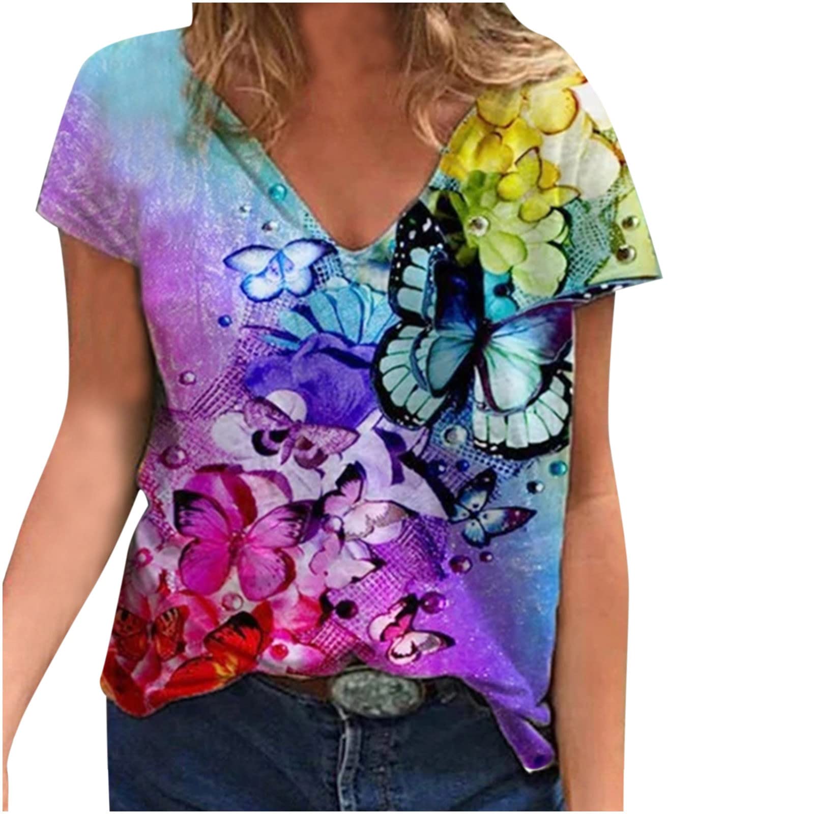 Sunflower Print Women's Plus Size V-Neck T-Shirt - Short Sleeve Casual Loose Fit Tee for Summer Outfits, Beach Wear & Everyday Comfort