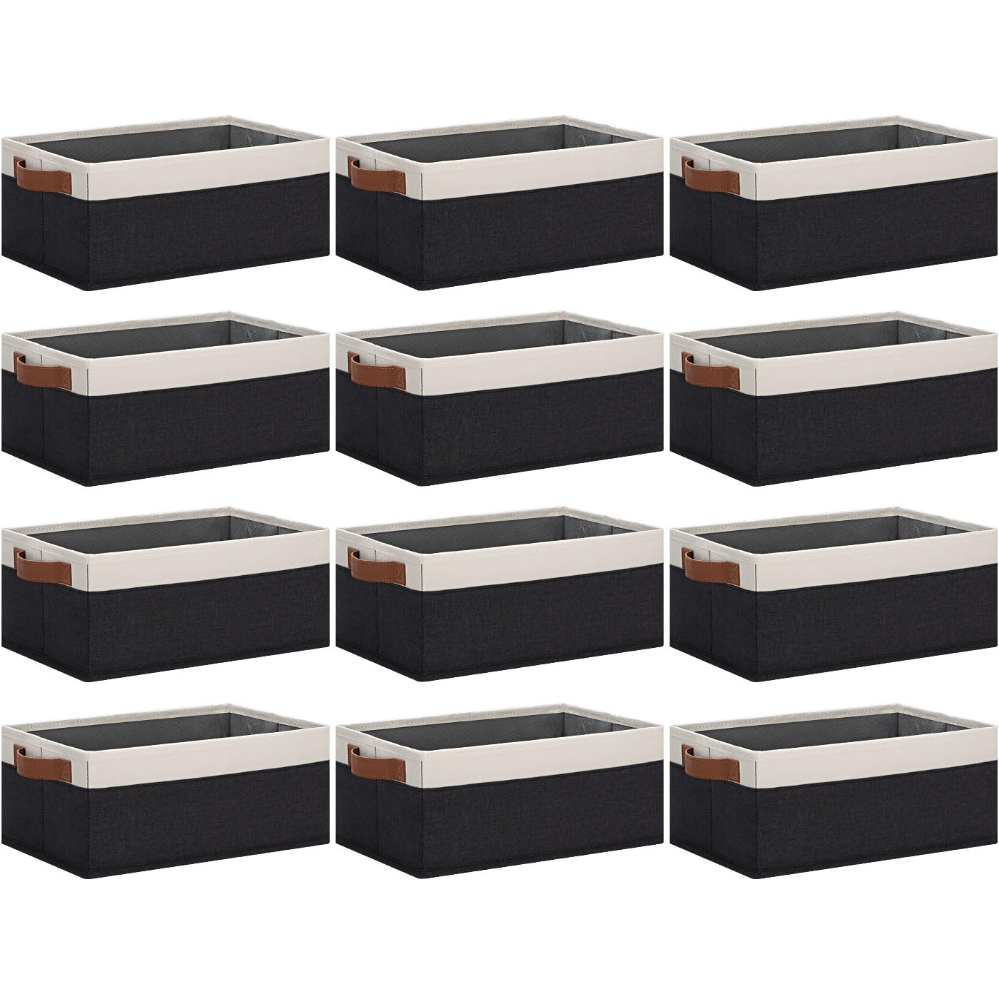 12 Pack Foldable Fabric Storage Bins with Leather Handles - Rectangular Organizer Baskets for Shelves (11.8