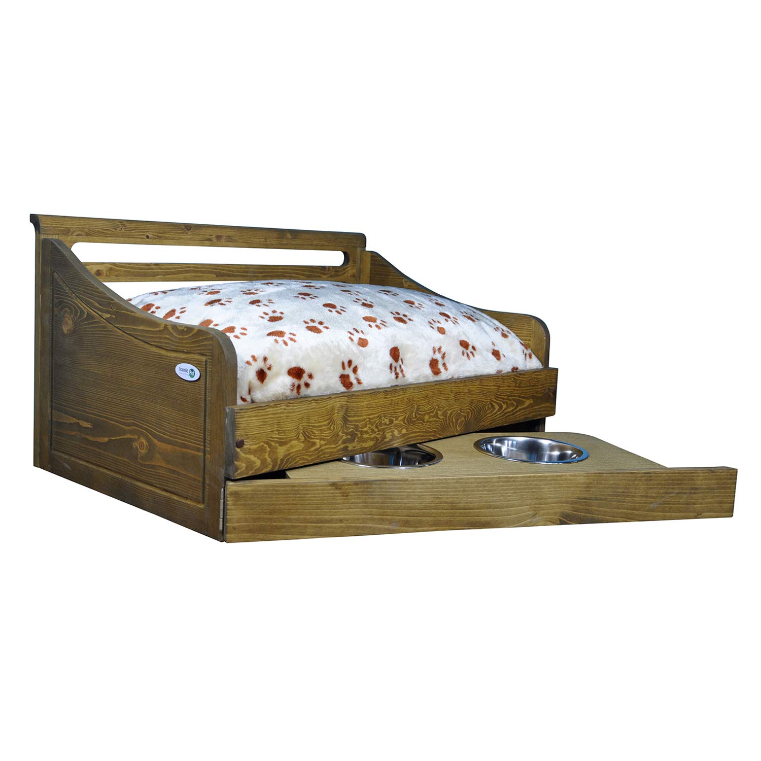 Stylish Rustic Brown Wooden Pet Bed with Feeder - Small Multipurpose Pet Furniture for Dogs & Cats - Perfect for Living Room, Bedroom or Outdoor Use