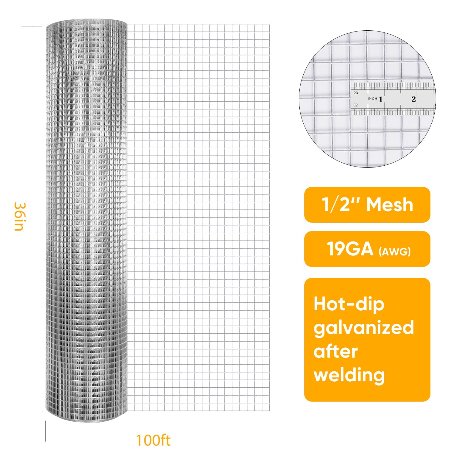 Hot Dipped Galvanized 19 Gauge 1/2 Inch Hardware Cloth - 36