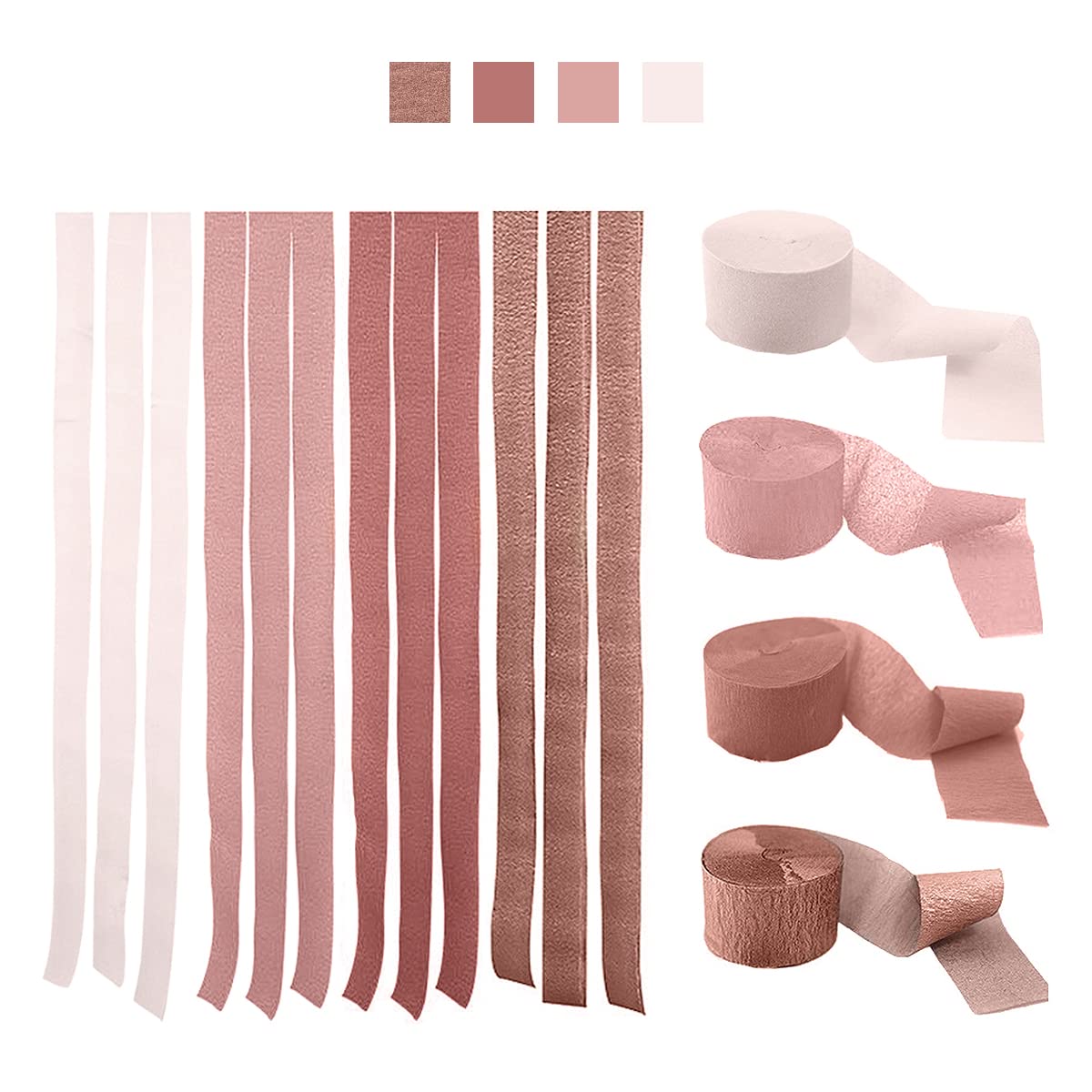 577 ft Long 1.77 inch Wide Crepe Paper Streamers - 8 Pack Rose Gold, Blush, Dusty Pink & Fish Pink Party Decorations | Perfect for Wedding, Birthday, Festival & Holiday Decor | Tassel Streamers for Ceiling, Wall & Table Decor