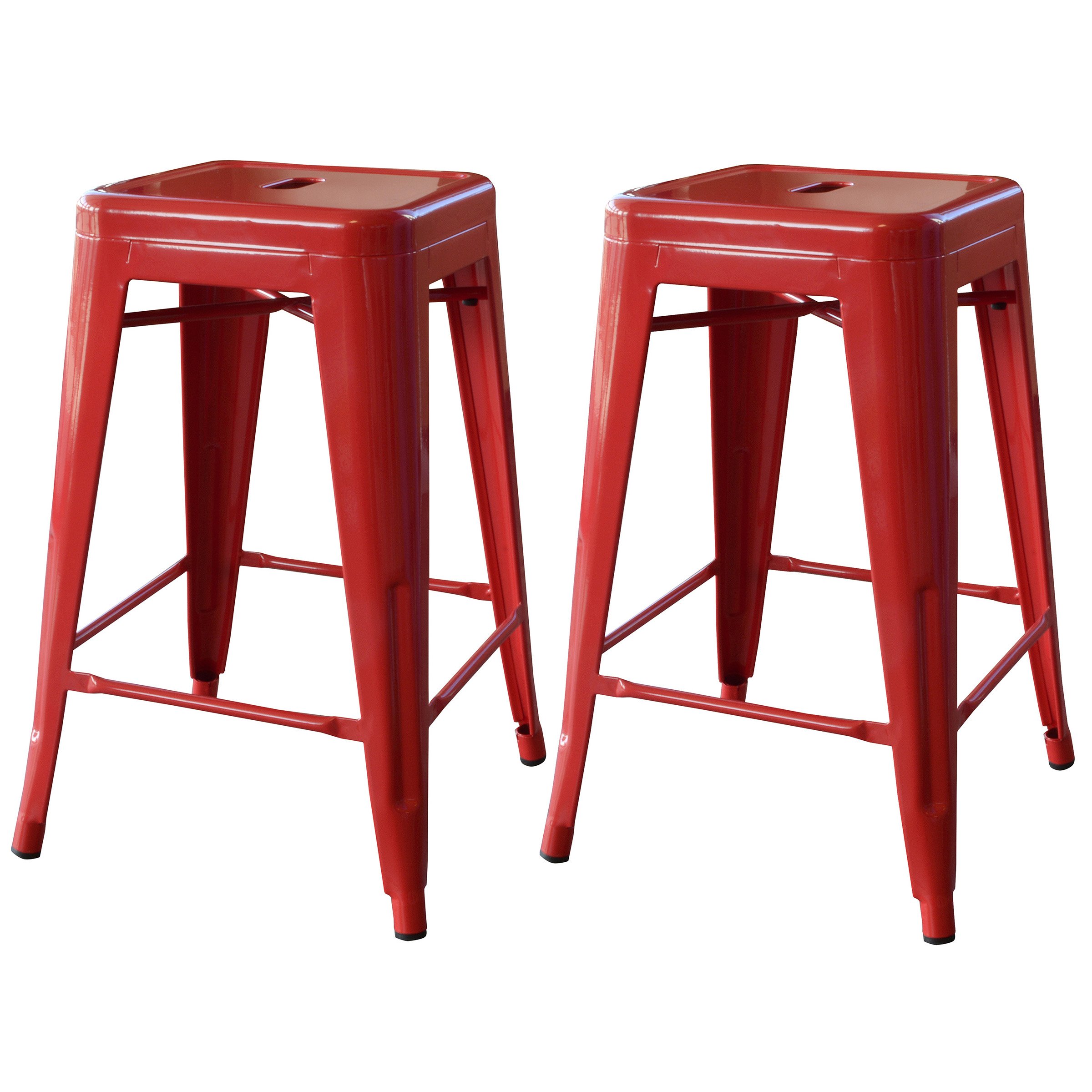 BS24RED Metal Bar Stool Set of 2 - 24 Inch Height, Adjustable Red Counter Stools for Kitchen Island, Breakfast Bar & Home Decor