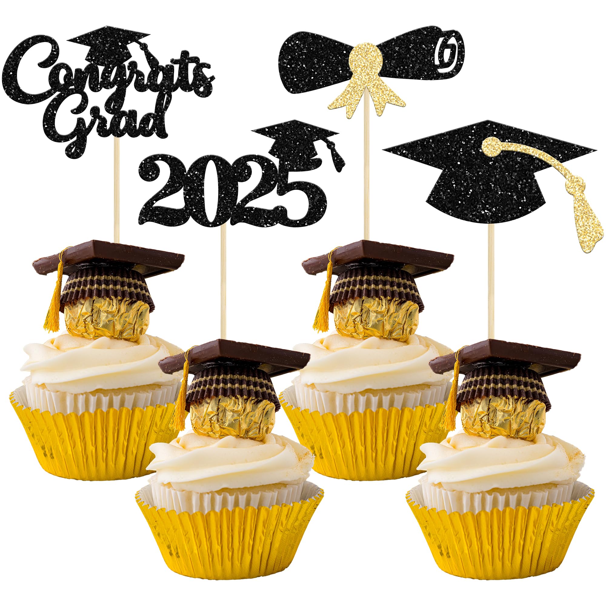24Pcs Class of 2025 Graduation Cupcake Toppers - Gold Glitter Graduation Cap & Diploma Cake Decorations for 2025 Graduation Party, Birthday, School Celebrations