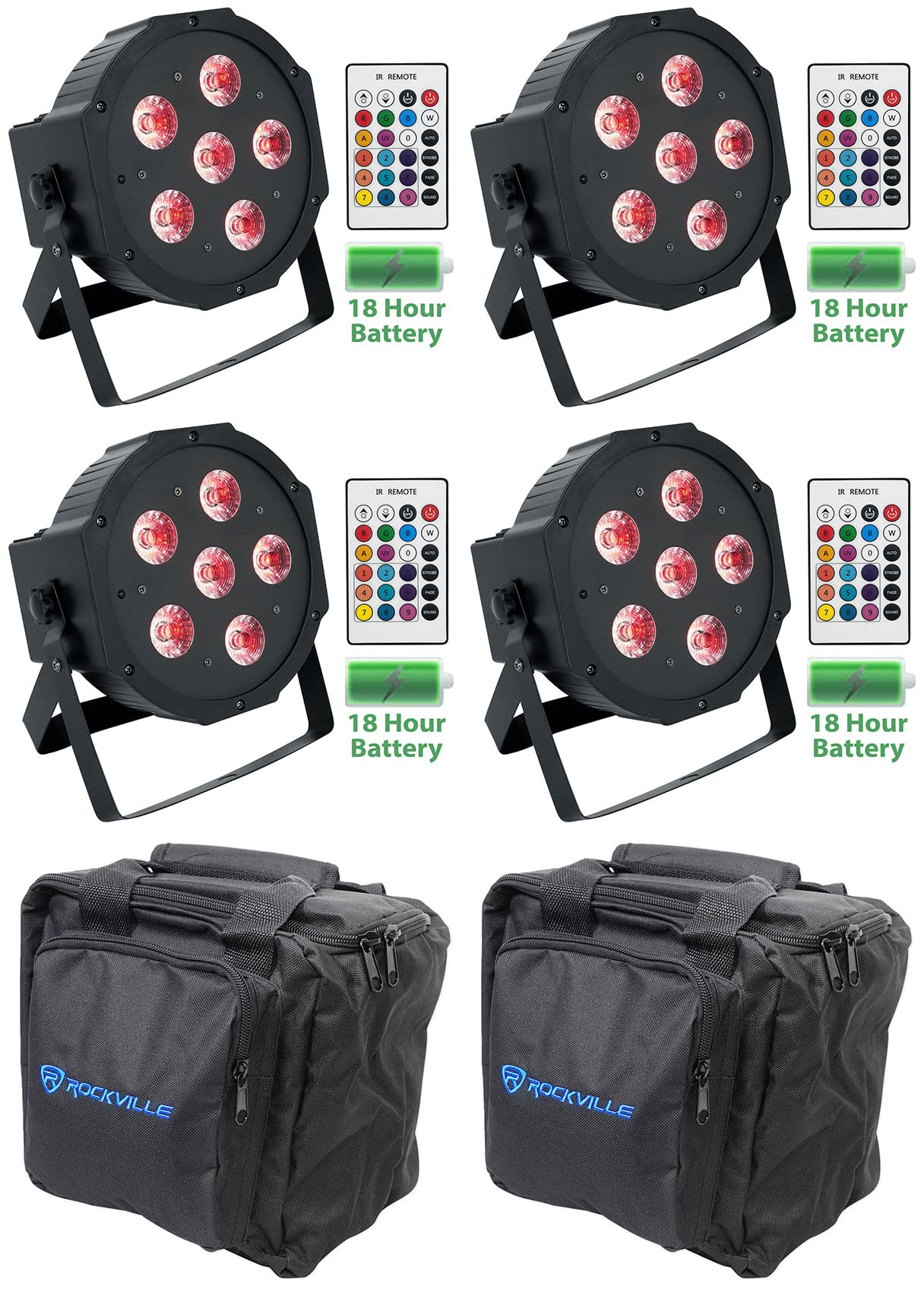 Rockville 4-Pack Rechargeable PAR 61 RGBWA+UV LED DJ Lights with DMX Control, Remote & Carrying Bags - Perfect for Stage Lighting, Nightclubs, and Live Events