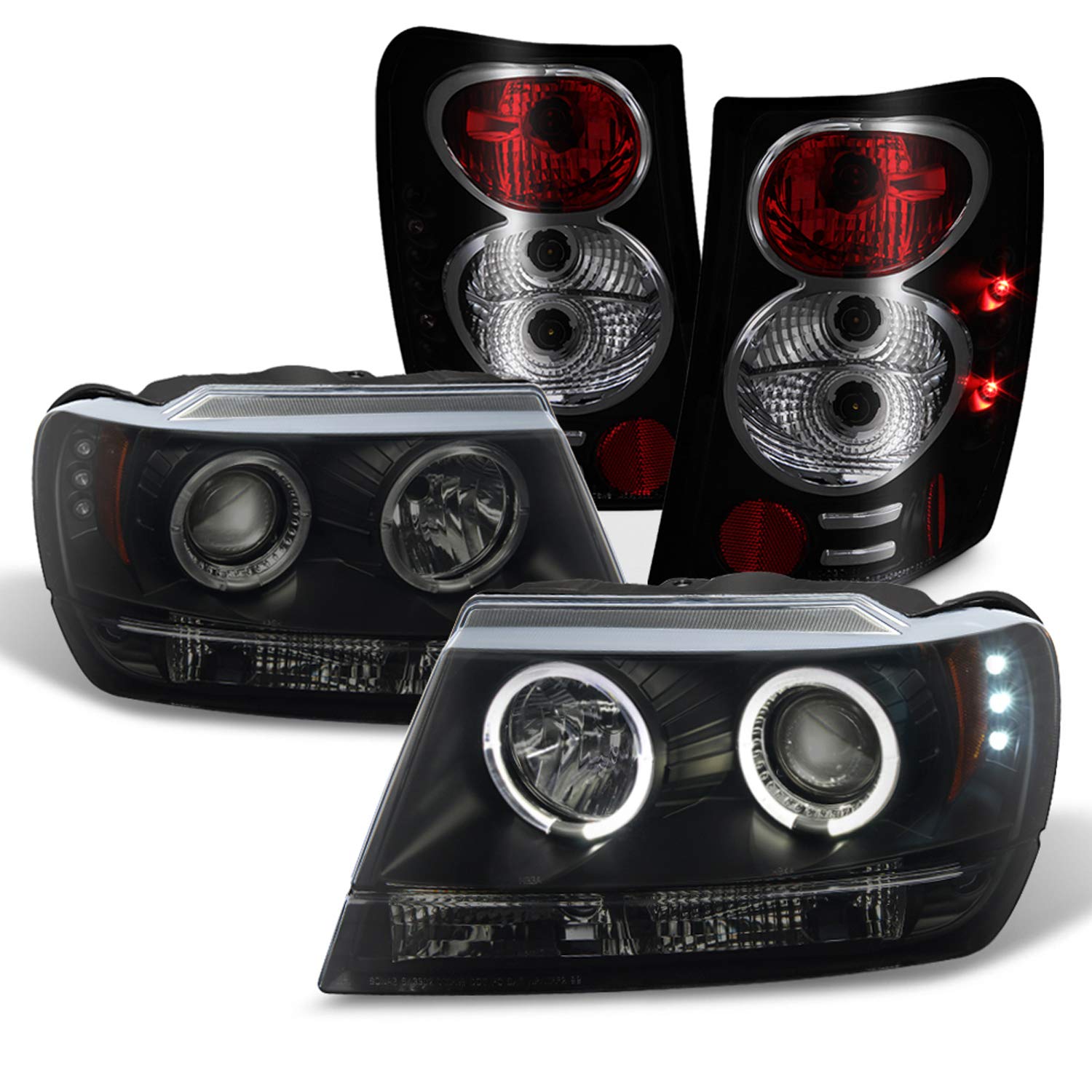 AKKON Black Smoke Dual Halo Ring Projector LED Headlights & Tail Lights for Jeep Grand Cherokee - Off-Road Adventure & Night Driving Upgrade