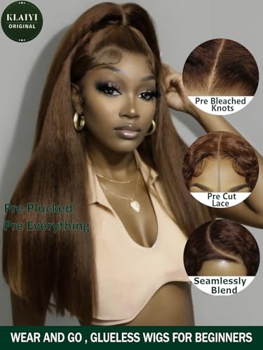 Bye Bye Knots 7x5 Pre Cut Lace Glueless Wig Yaki Straight Reddish Brown Color