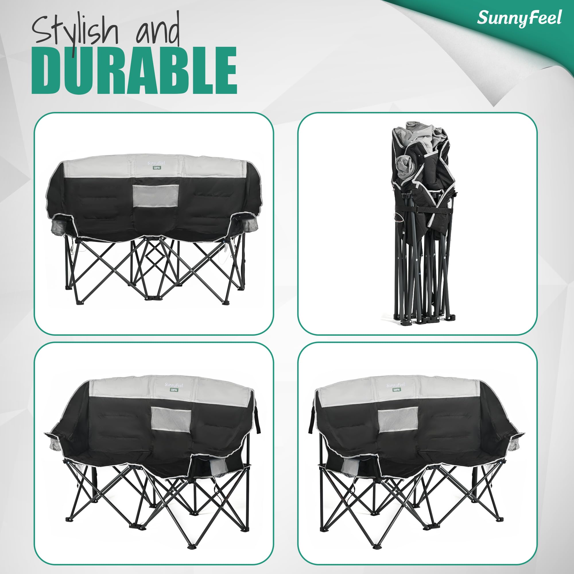 **SUNNYFEEL Heated Double Camping Chair for 2 Adults - Oversized Folding Loveseat with Heating, Heavy Duty Portable & Foldable Lawn Chair for Beach, Outdoor, Travel, Picnic, Camping - Perfect for Couples & Outdoor Enthusiasts**