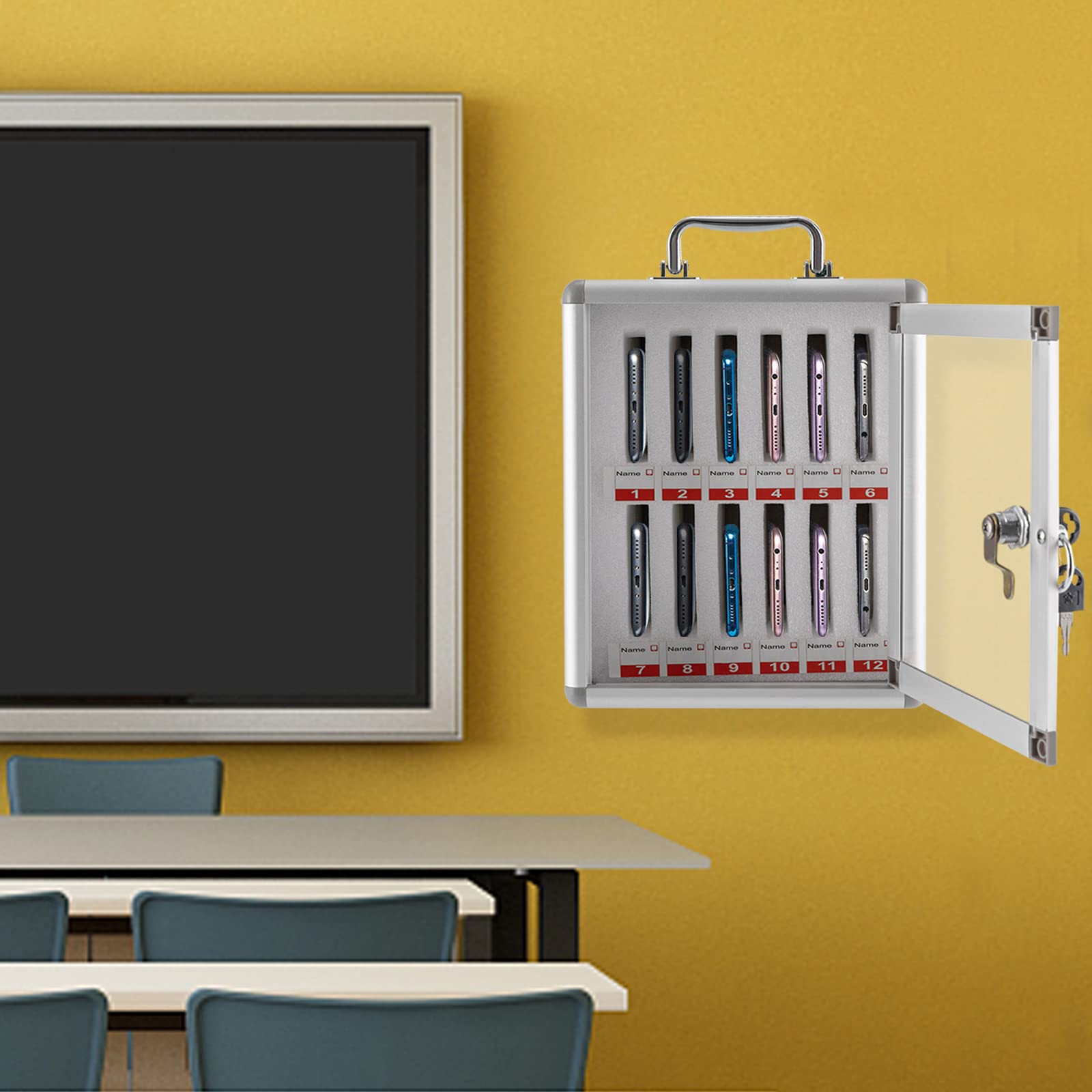 Aluminum Phone Locker Box - 12 Slots with Safety Lock for Classroom & Office Storage