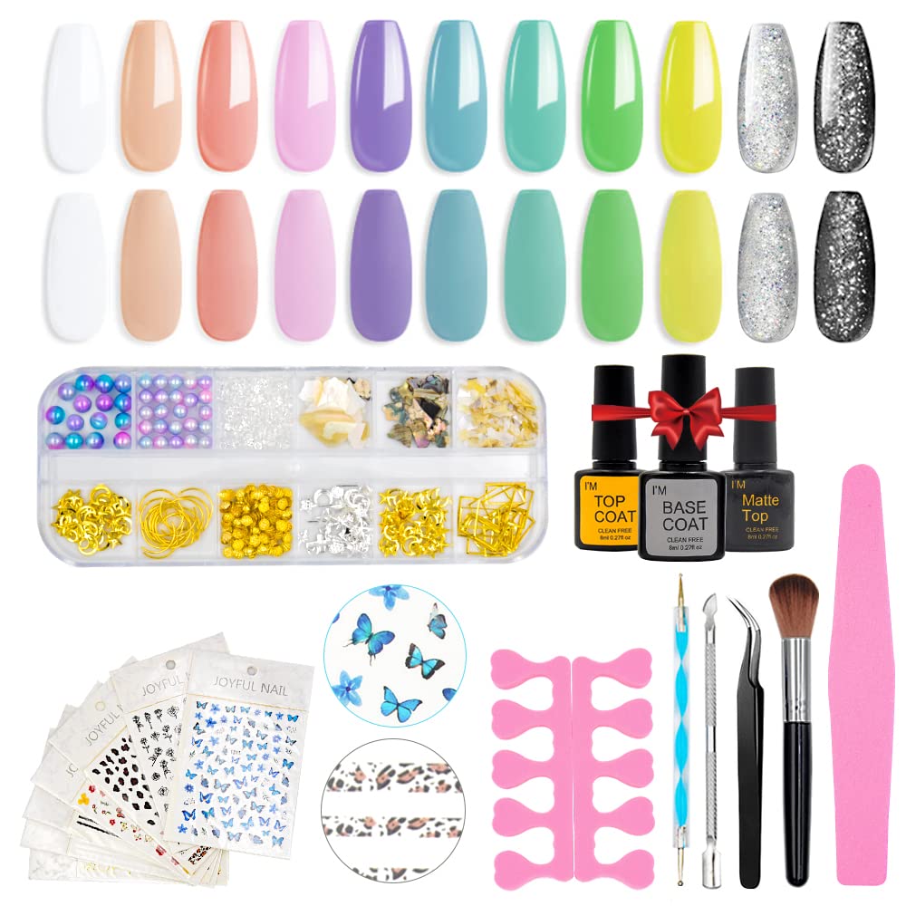 **11 Colors Gel Nail Polish Kit with Glossy & Matte Top Coat, Base Coat, Nail Stickers & Rhinestones - DIY Nail Art Decorations & Manicure Tools for Women - Perfect for Home Salon, Parties & Gifts**