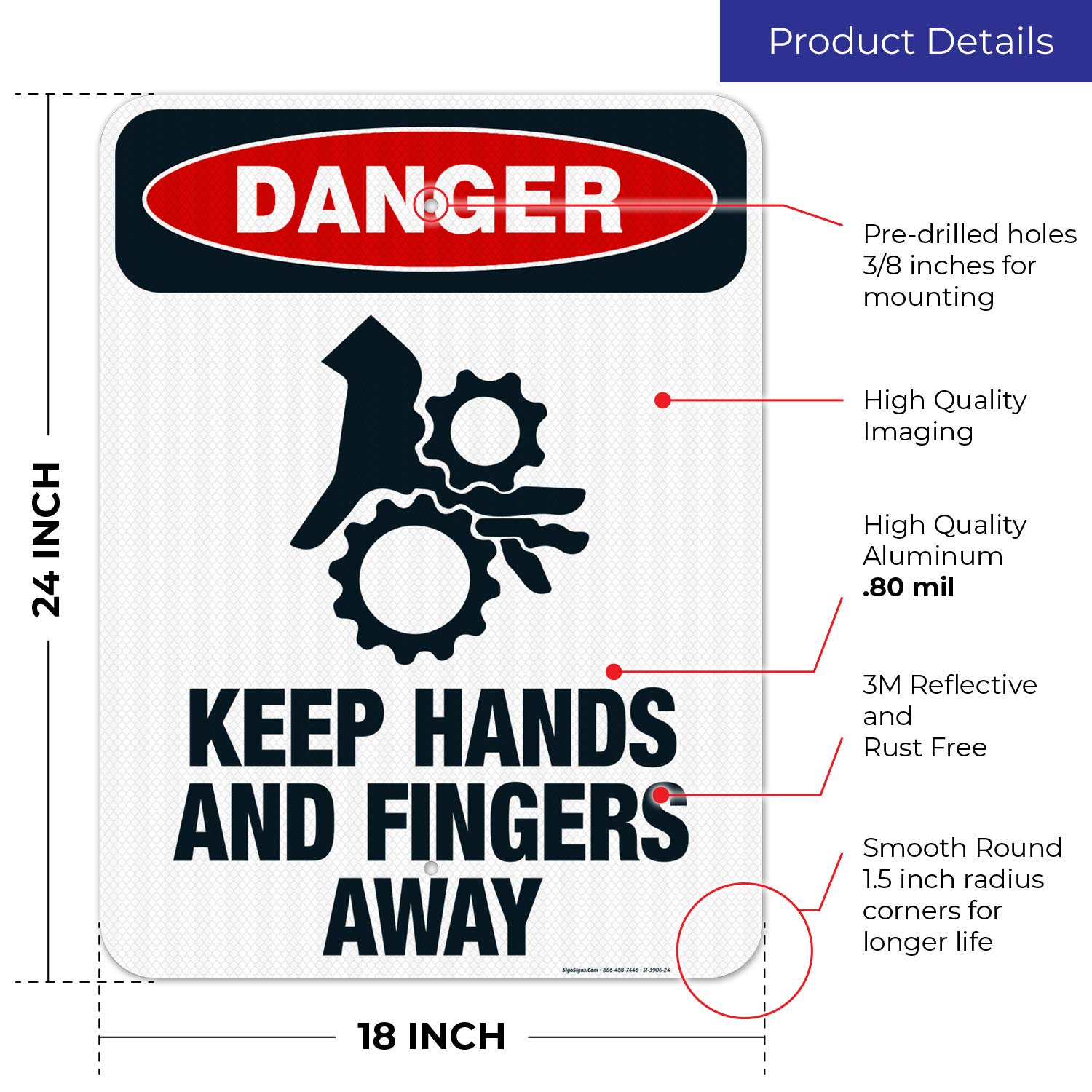 Danger Sign - Keep Hands and Fingers Away | OSHA Compliant 18x24 Inch Reflective Aluminum Sign | 3M EGP .080 Fade-Resistant for Indoor/Outdoor Use | Made in USA | Perfect for Factories, Warehouses & Construction Sites